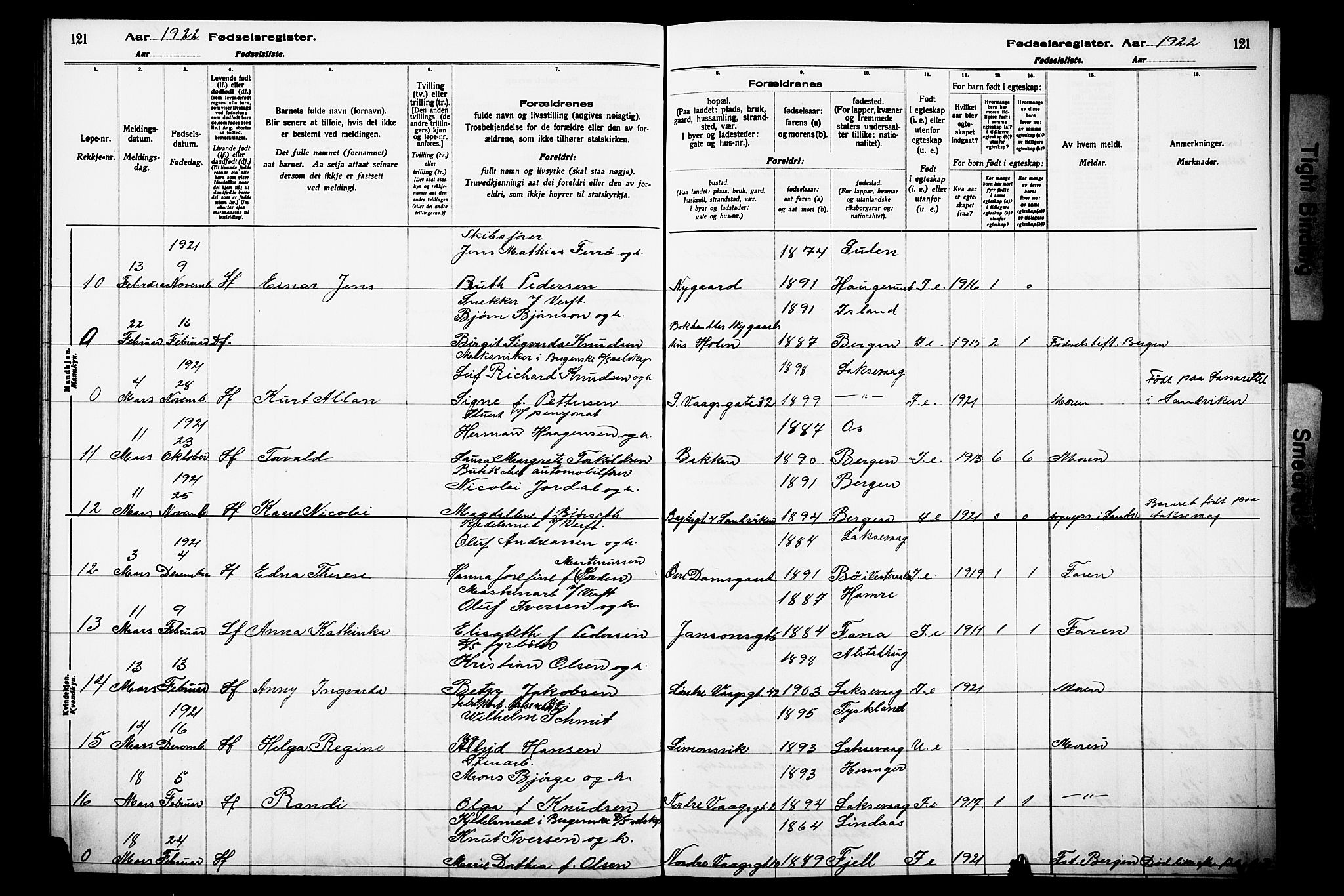 Laksevåg Sokneprestembete, AV/SAB-A-76501/I/Id/L00A1: Fødselsregister nr. A 1, 1916-1926, s. 121