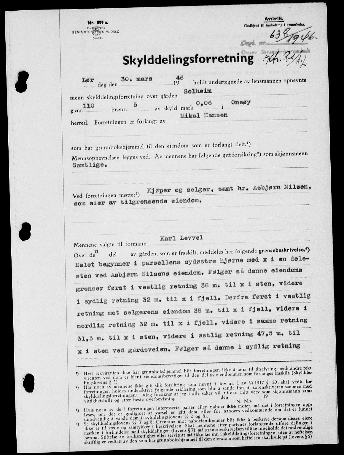 Onsøy sorenskriveri, SAO/A-10474/G/Ga/Gab/L0015: Pantebok nr. II A-15, 1945-1946, Dagboknr: 638/1946