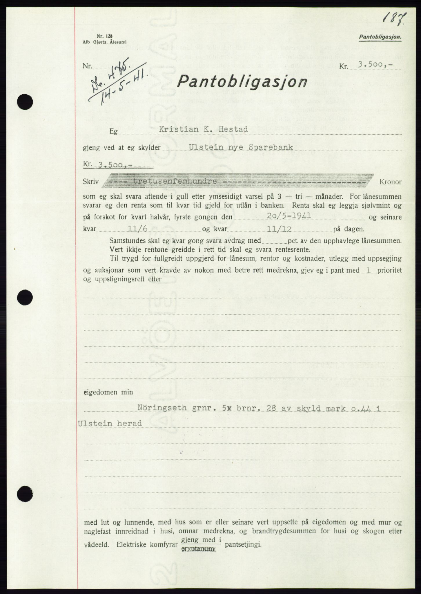 Søre Sunnmøre sorenskriveri, AV/SAT-A-4122/1/2/2C/L0071: Pantebok nr. 65, 1941-1941, Dagboknr: 475/1941