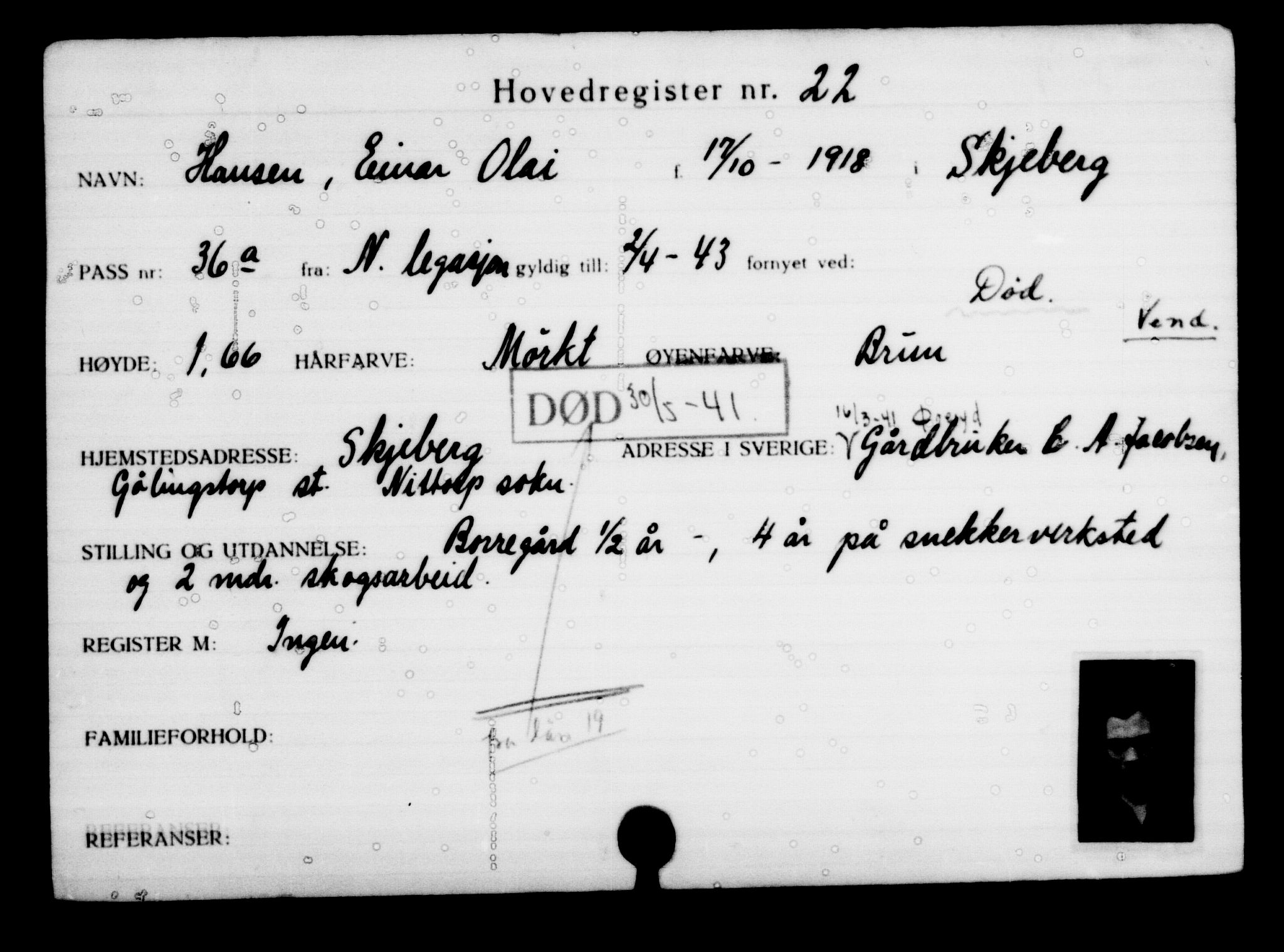 Utenriksstasjonene, Legasjonen i Stockholm, Flyktningkontoret, AV/RA-S-6753/V/Va/L0001: Kjesäterkartoteket, flyktninger med registreringsnr. 1-1000, 1940-1945, s. 33