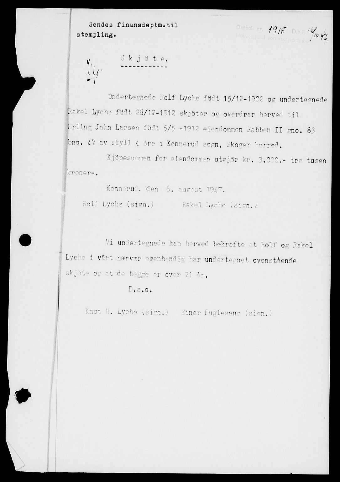 Holmestrand sorenskriveri, SAKO/A-67/G/Ga/Gaa/L0062: Pantebok nr. A-62, 1947-1947, Dagboknr: 1915/1947
