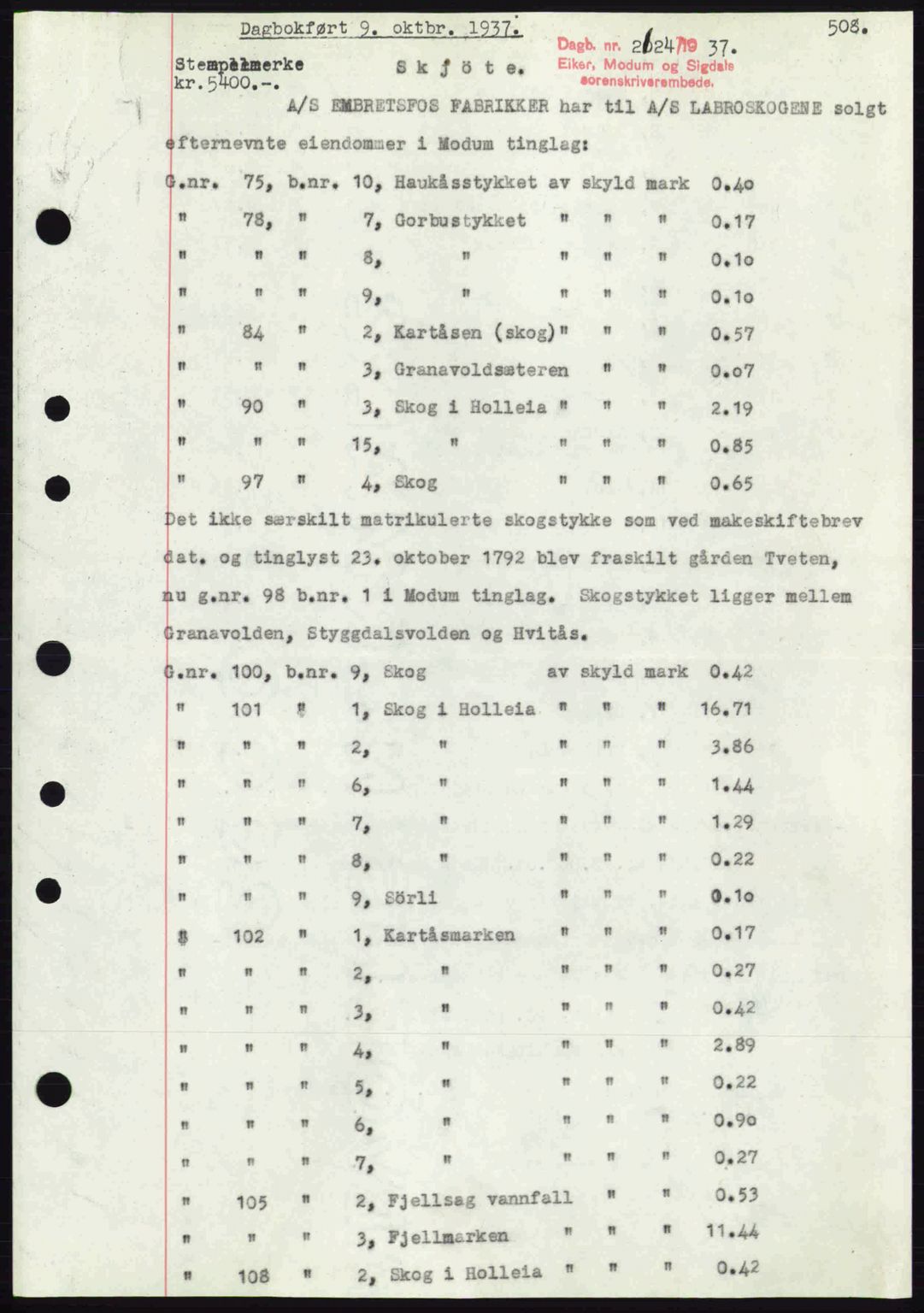Eiker, Modum og Sigdal sorenskriveri, SAKO/A-123/G/Ga/Gab/L0036: Pantebok nr. A6, 1937-1937, Dagboknr: 2124/1937