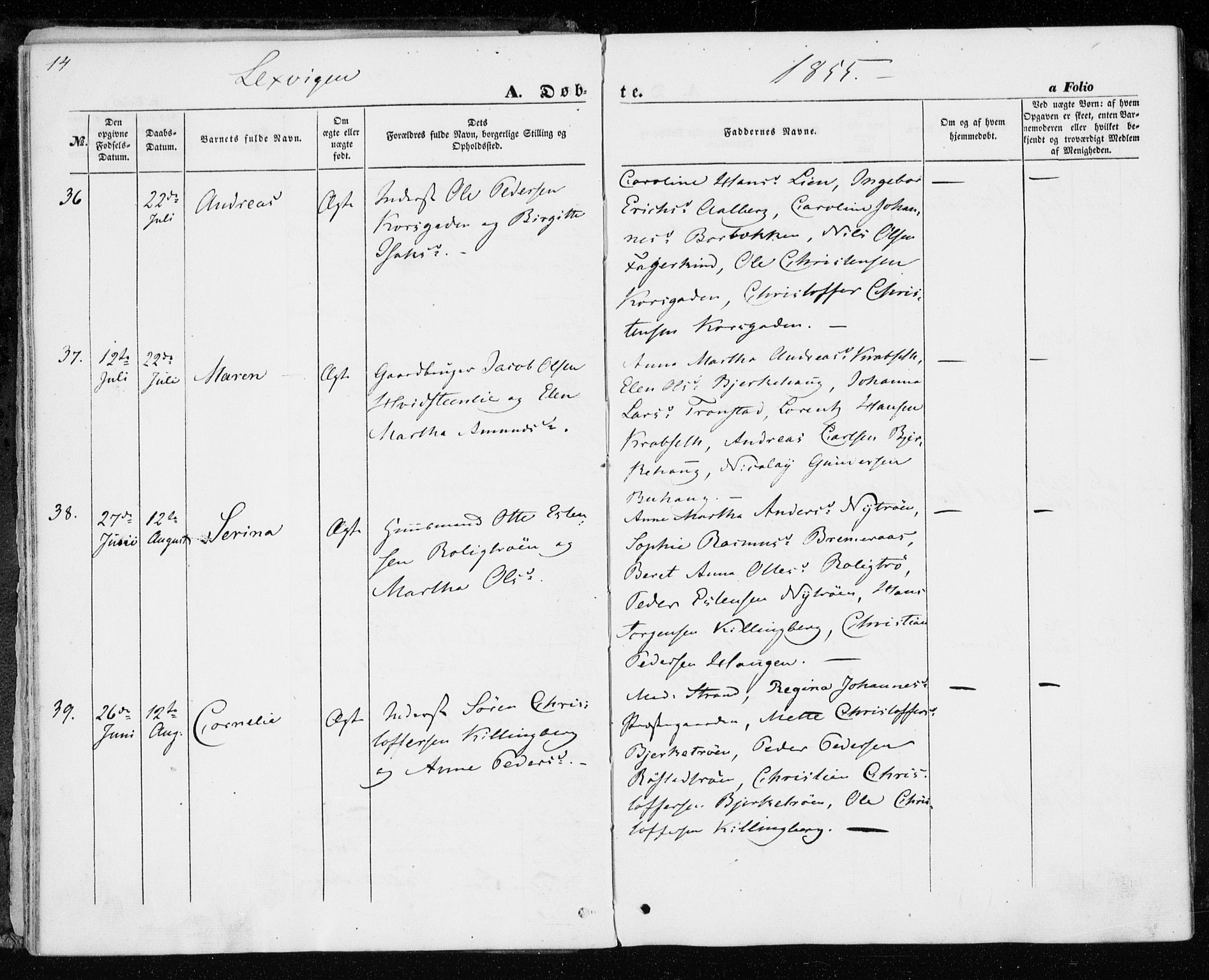 Ministerialprotokoller, klokkerbøker og fødselsregistre - Nord-Trøndelag, SAT/A-1458/701/L0008: Ministerialbok nr. 701A08 /1, 1854-1863, s. 14