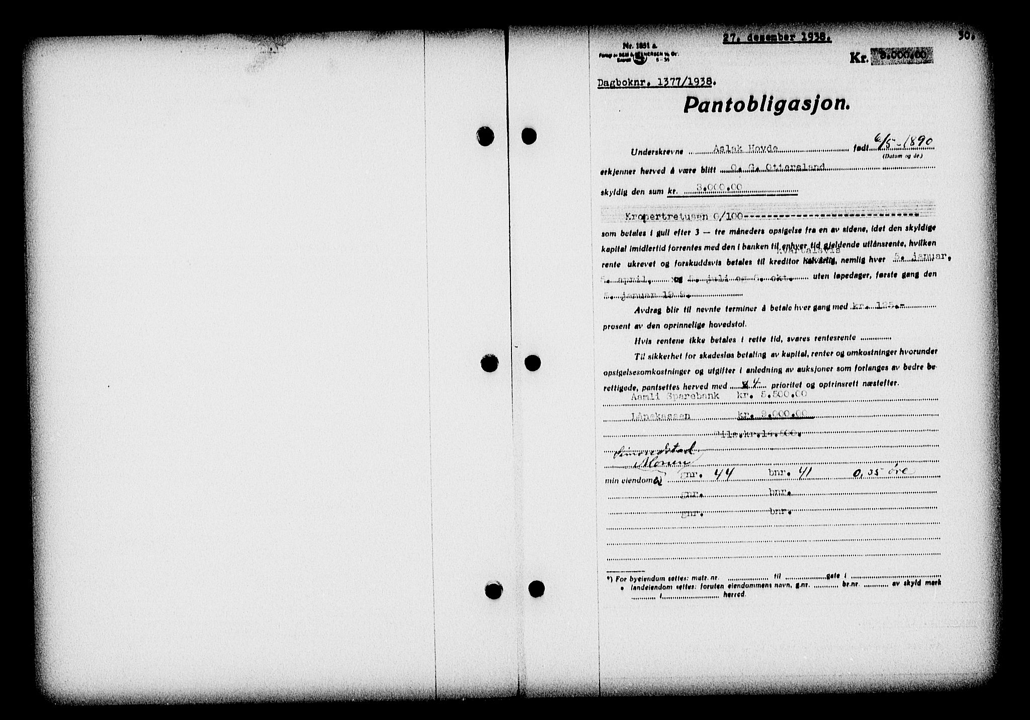 Nedenes sorenskriveri, SAK/1221-0006/G/Gb/Gba/L0046: Pantebok nr. 42, 1938-1939, Dagboknr: 1377/1938