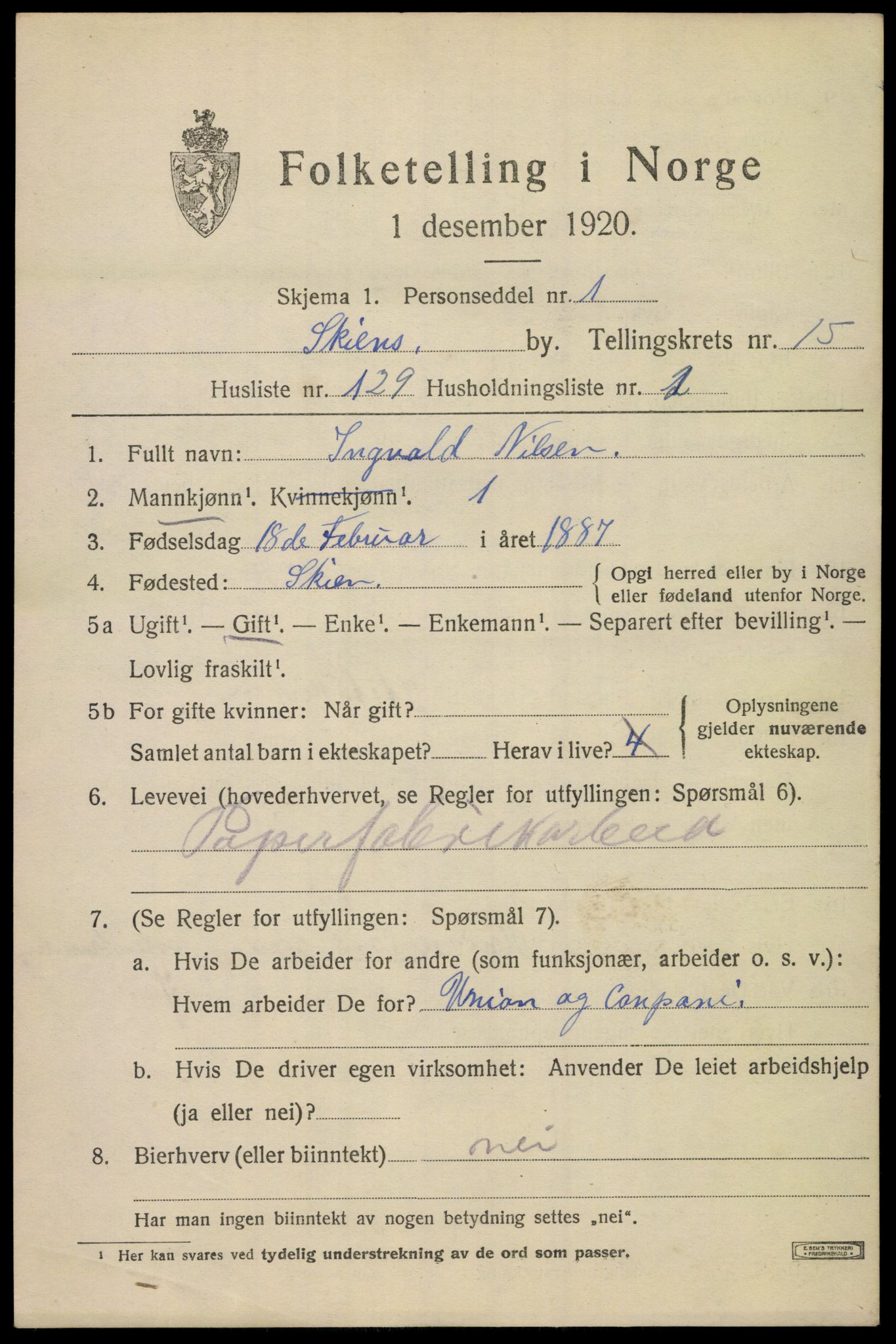 SAKO, Folketelling 1920 for 0806 Skien kjøpstad, 1920, s. 45632