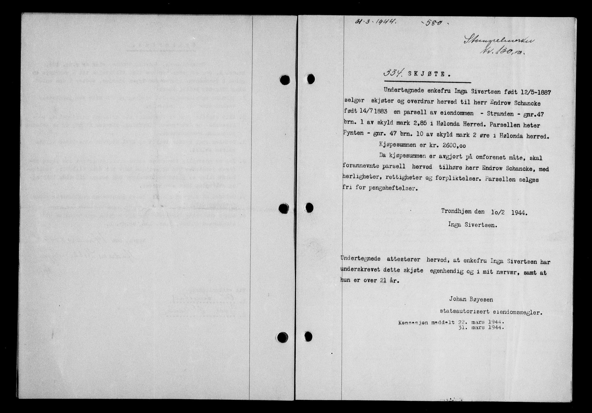 Gauldal sorenskriveri, SAT/A-0014/1/2/2C/L0057: Pantebok nr. 62, 1943-1944, Dagboknr: 334/1944