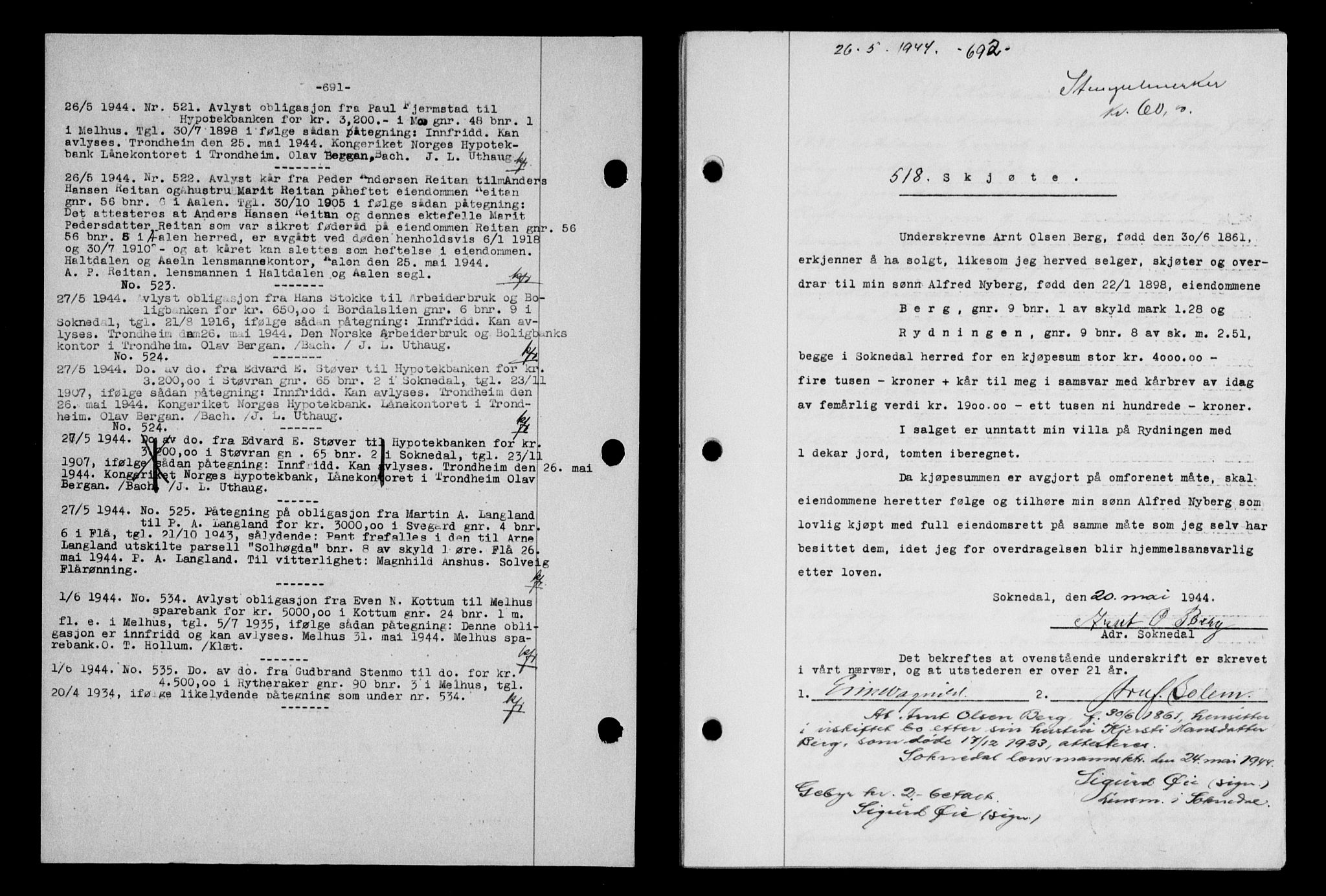 Gauldal sorenskriveri, SAT/A-0014/1/2/2C/L0057: Pantebok nr. 62, 1943-1944, Dagboknr: 518/1944