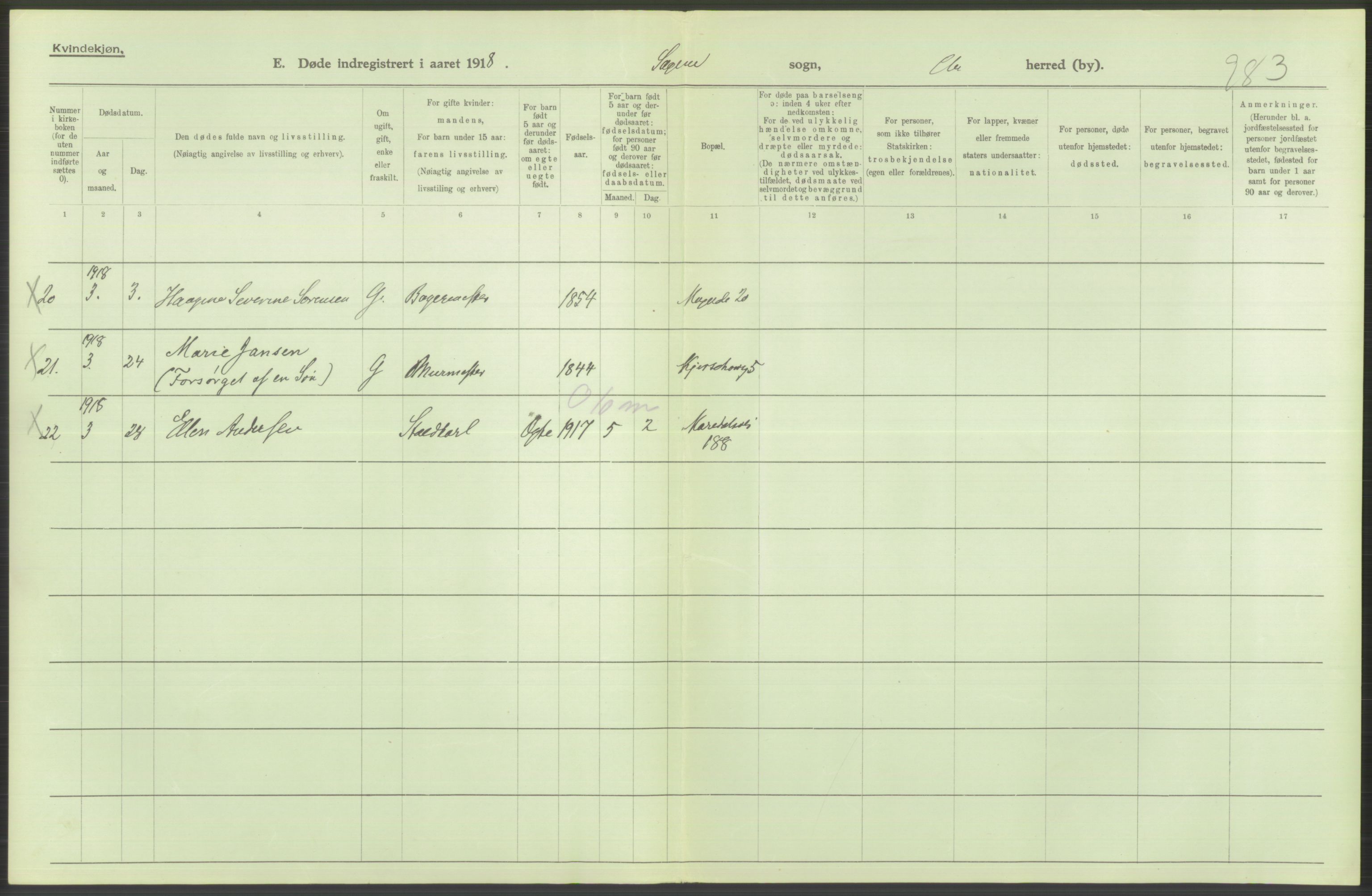 Statistisk sentralbyrå, Sosiodemografiske emner, Befolkning, AV/RA-S-2228/D/Df/Dfb/Dfbh/L0010: Kristiania: Døde, 1918, s. 522