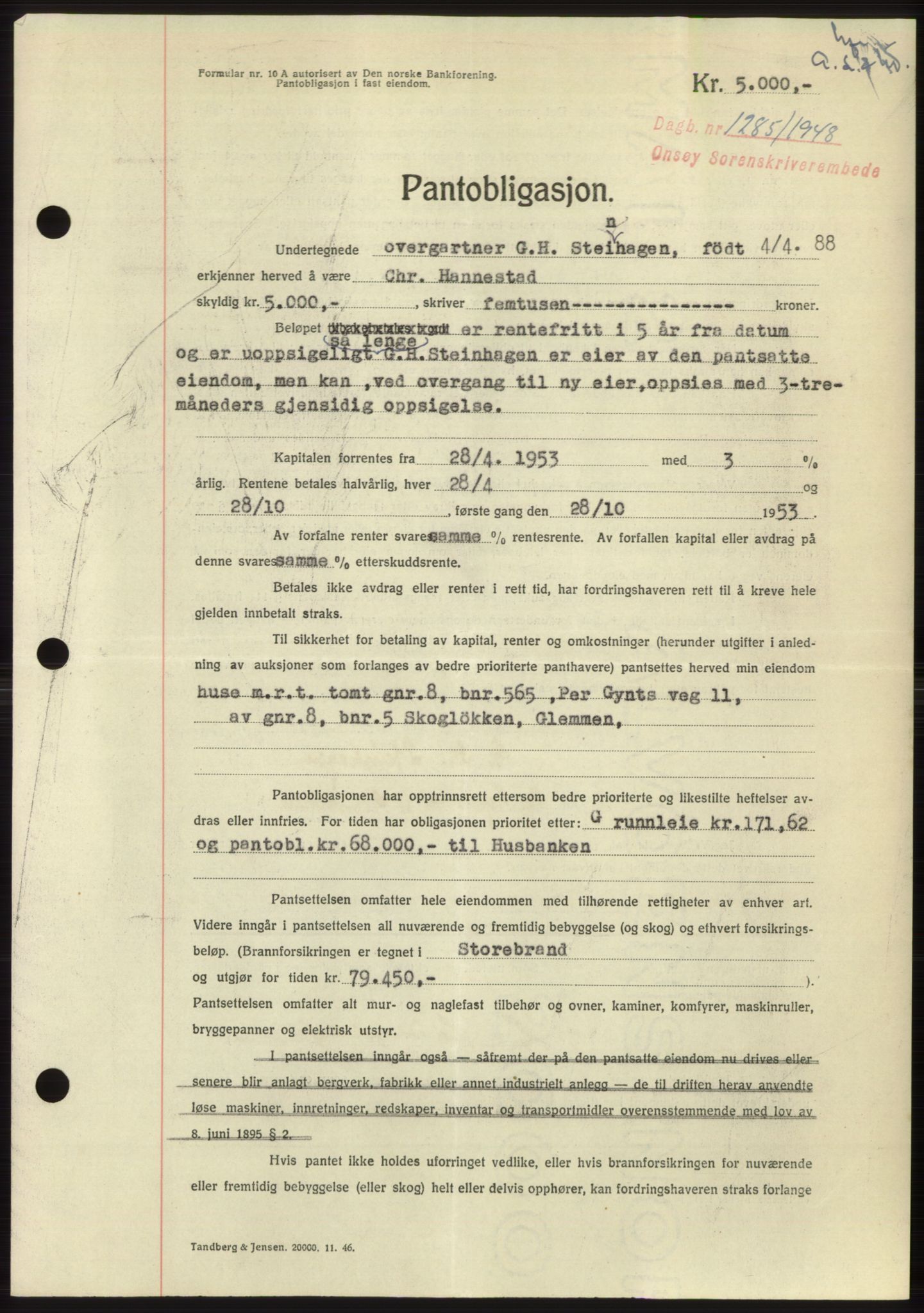 Onsøy sorenskriveri, SAO/A-10474/G/Ga/Gac/L0007: Pantebok nr. B 14-7, 1948-1948, Dagboknr: 1285/1948