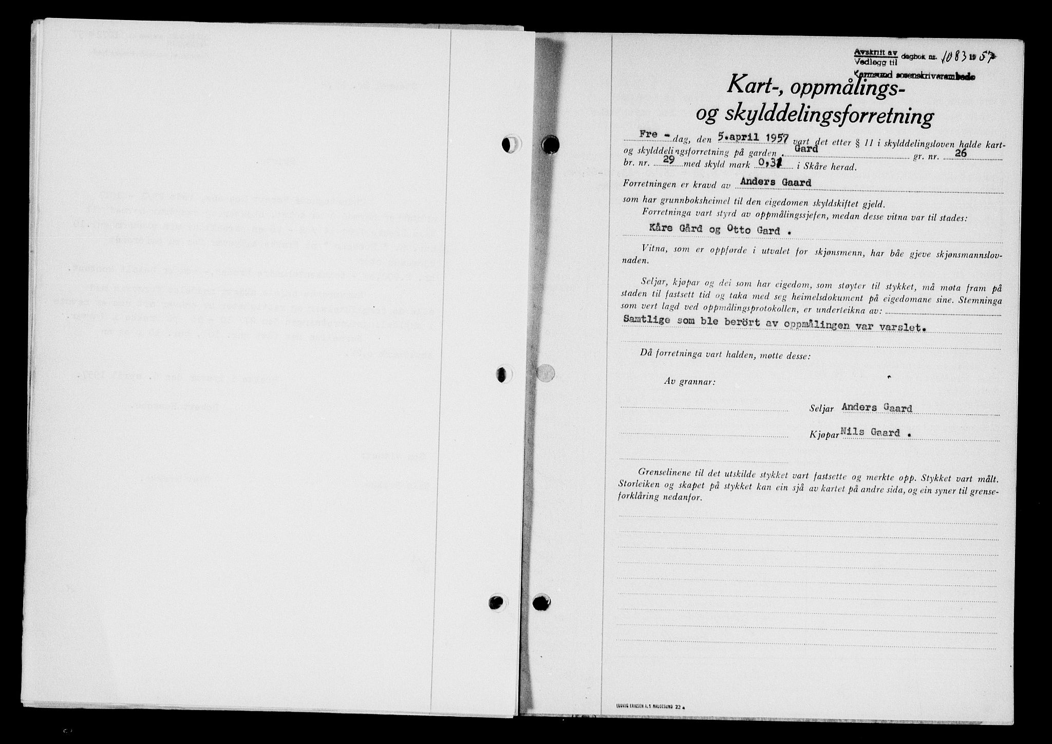 Karmsund sorenskriveri, SAST/A-100311/01/II/IIB/L0124: Pantebok nr. 104A, 1957-1957, Dagboknr: 1083/1957