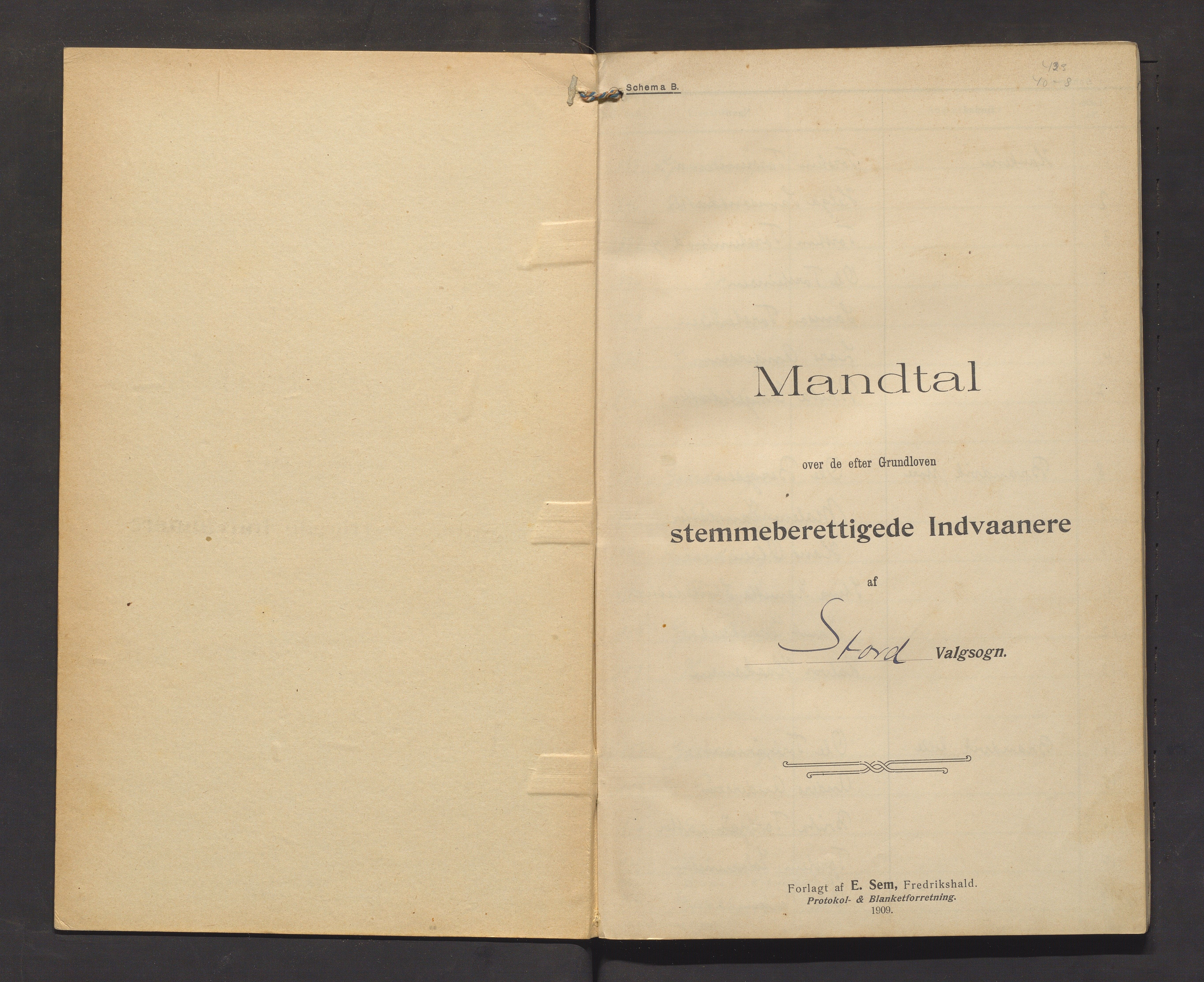 Stord kommune. Valstyret, IKAH/1221-011/F/Fa/L0005: Manntalsprotokoll over røysteføre i Stord valsokn, 1909