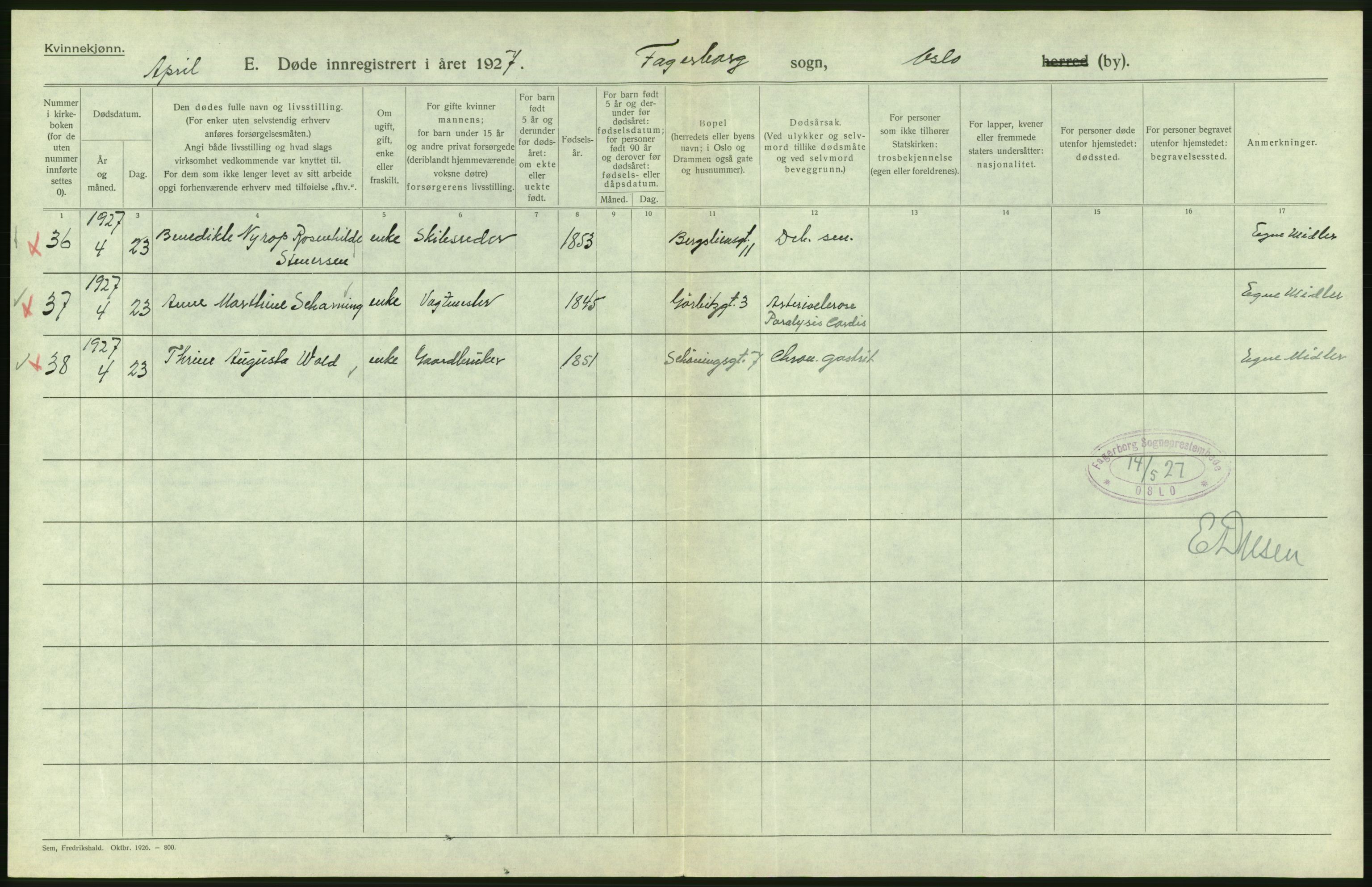 Statistisk sentralbyrå, Sosiodemografiske emner, Befolkning, AV/RA-S-2228/D/Df/Dfc/Dfcg/L0010: Oslo: Døde kvinner, dødfødte, 1927, s. 306