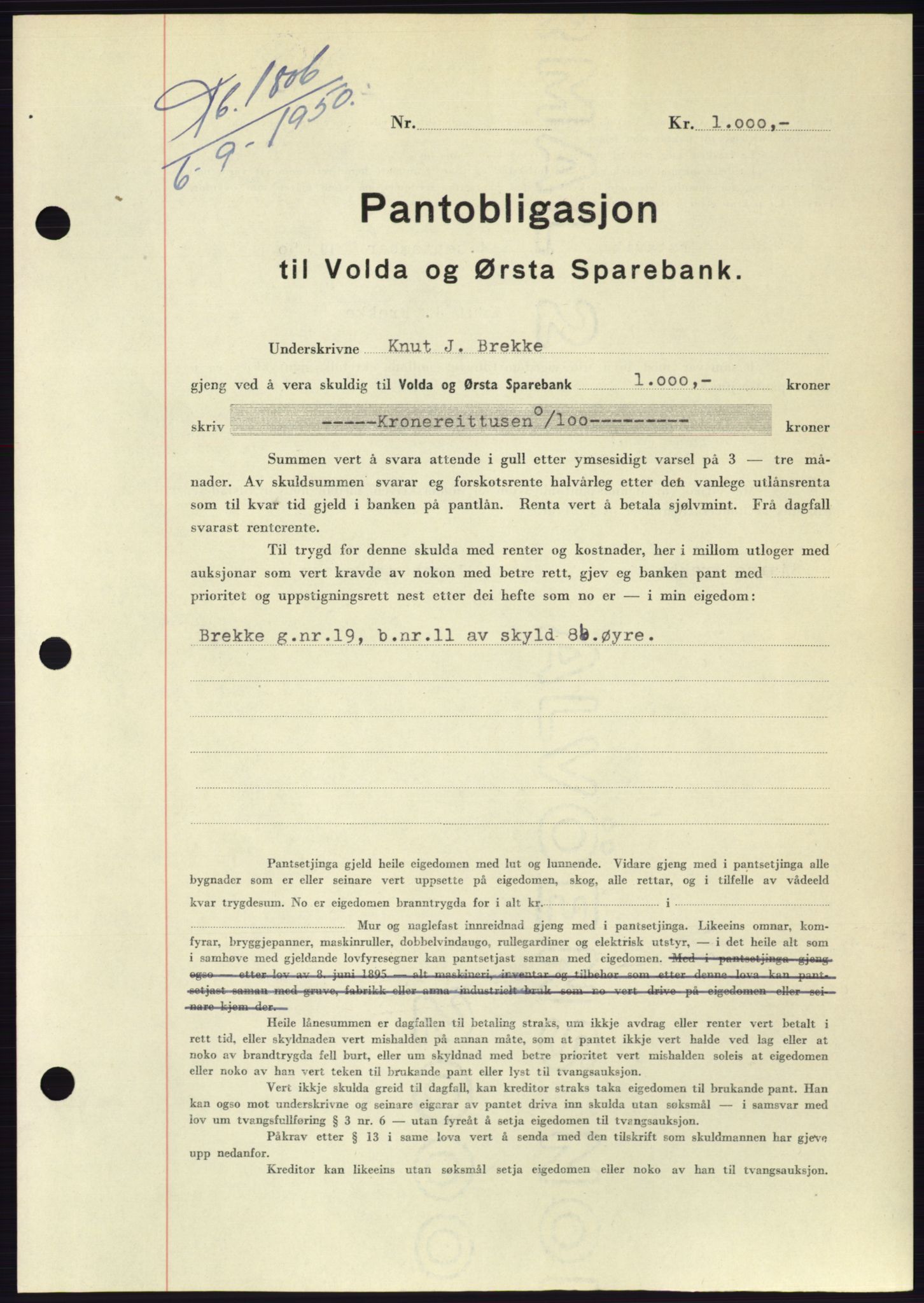 Søre Sunnmøre sorenskriveri, SAT/A-4122/1/2/2C/L0119: Pantebok nr. 7B, 1950-1951, Dagboknr: 1806/1950