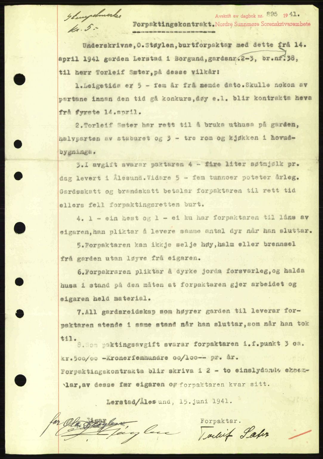 Nordre Sunnmøre sorenskriveri, SAT/A-0006/1/2/2C/2Ca: Pantebok nr. B1-6, 1938-1942, Dagboknr: 895/1941