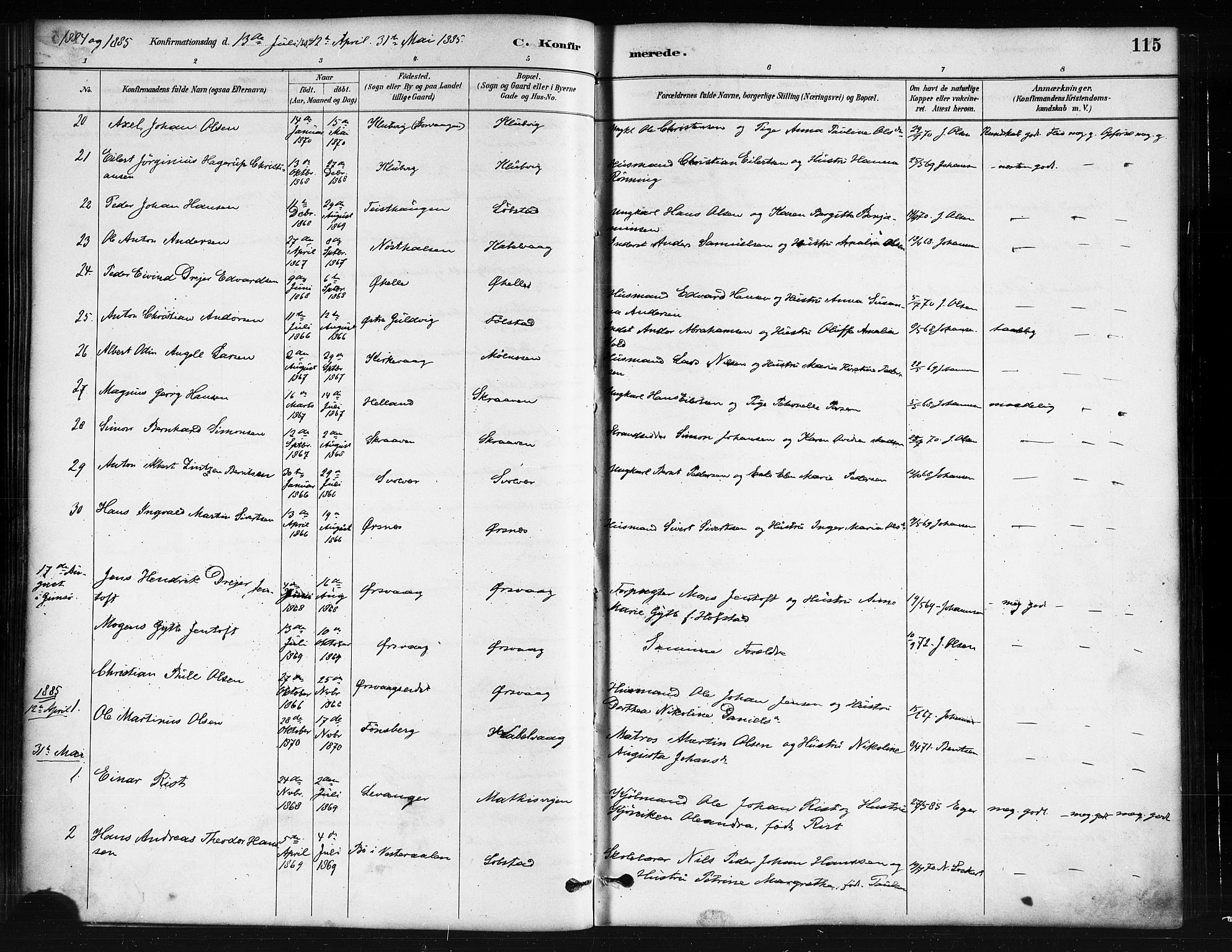 Ministerialprotokoller, klokkerbøker og fødselsregistre - Nordland, SAT/A-1459/874/L1059: Ministerialbok nr. 874A03, 1884-1890, s. 115