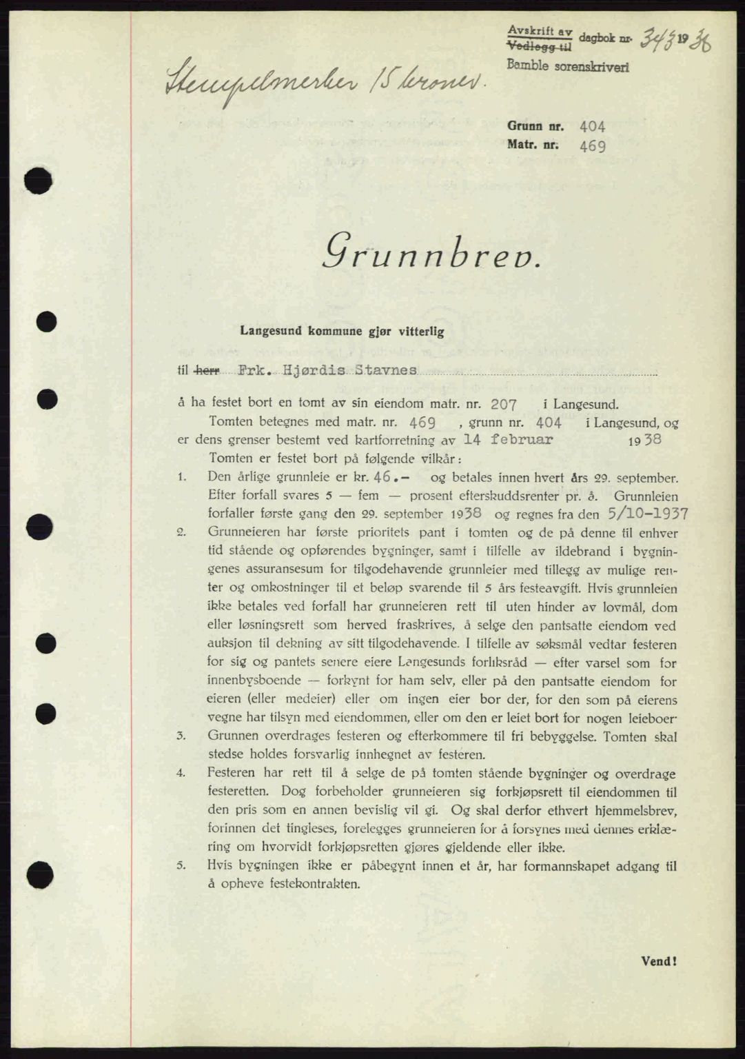 Bamble sorenskriveri, AV/SAKO-A-214/G/Ga/Gag/L0002: Pantebok nr. A-2, 1937-1938, Dagboknr: 343/1938