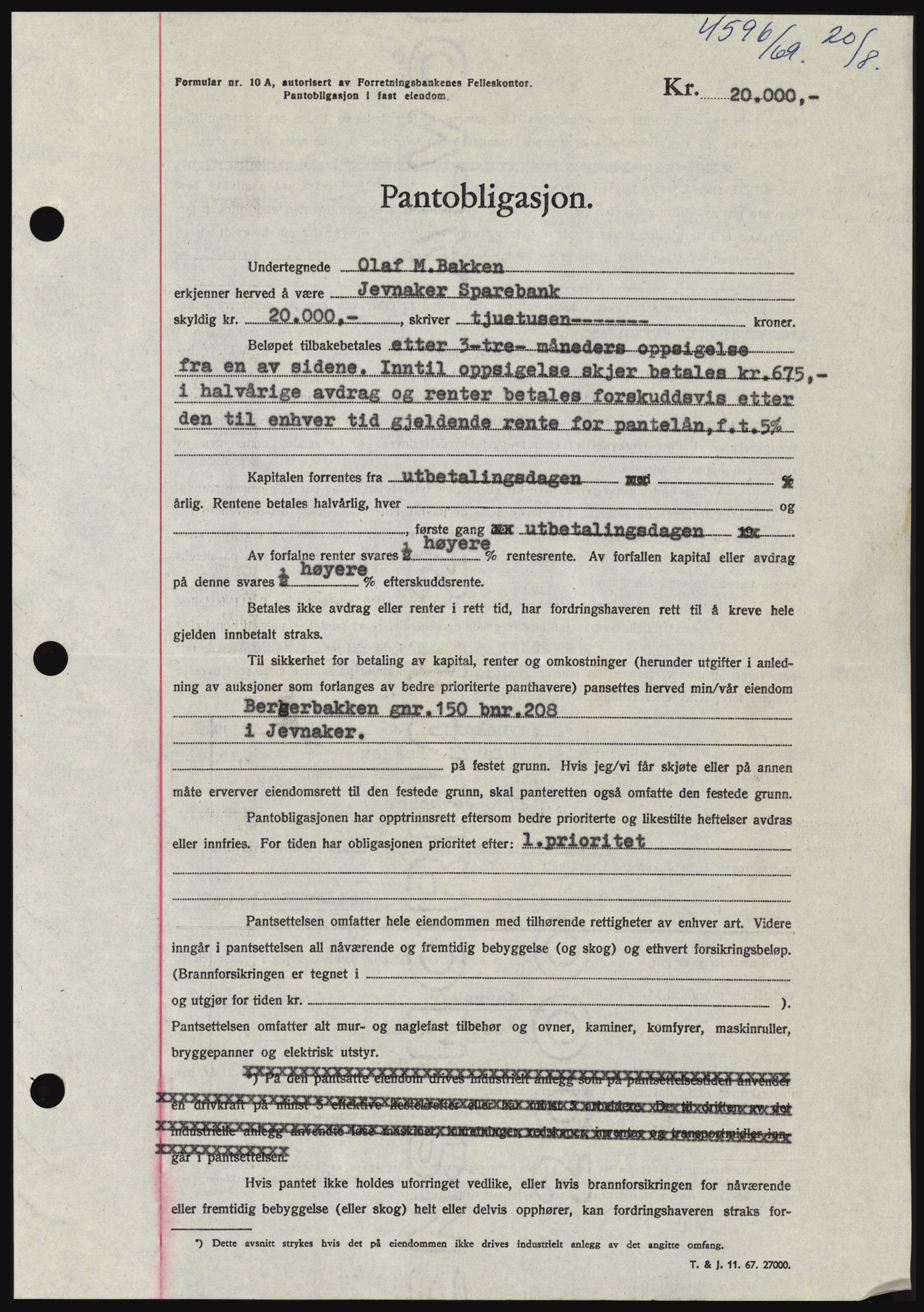 Hadeland og Land tingrett, SAH/TING-010/H/Hb/Hbc/L0074: Pantebok nr. B74, 1969-1969, Dagboknr: 4596/1969