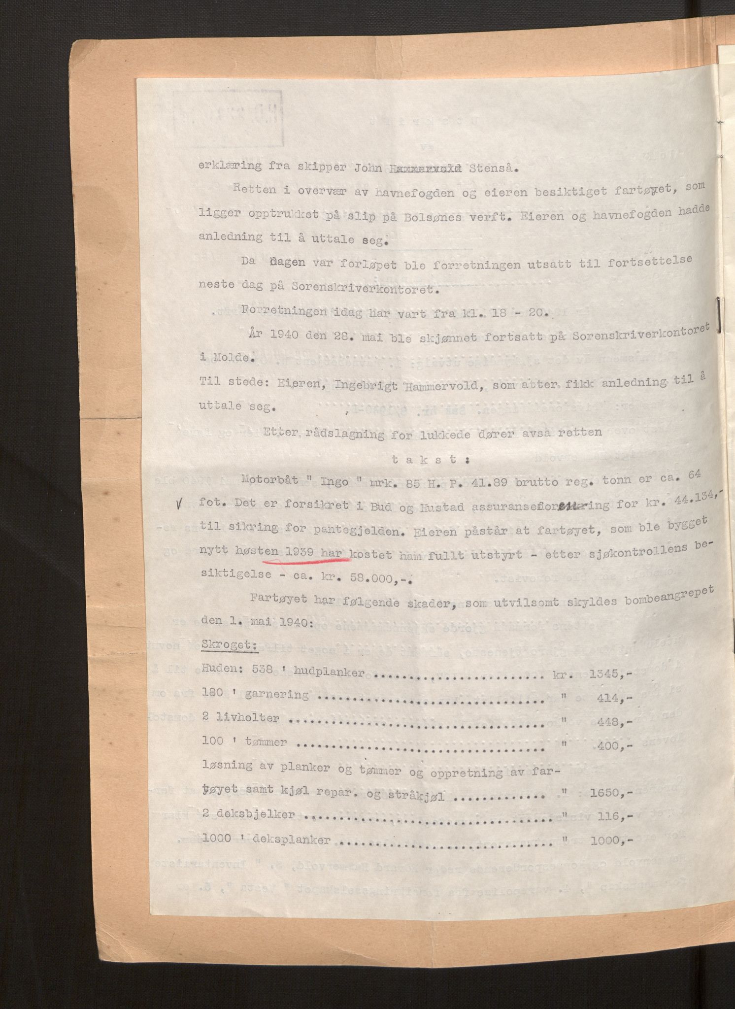 Fiskeridirektoratet - 1 Adm. ledelse - 13 Båtkontoret, AV/SAB-A-2003/La/L0058: Statens krigsforsikring for fiskeflåten, 1936-1971, s. 361