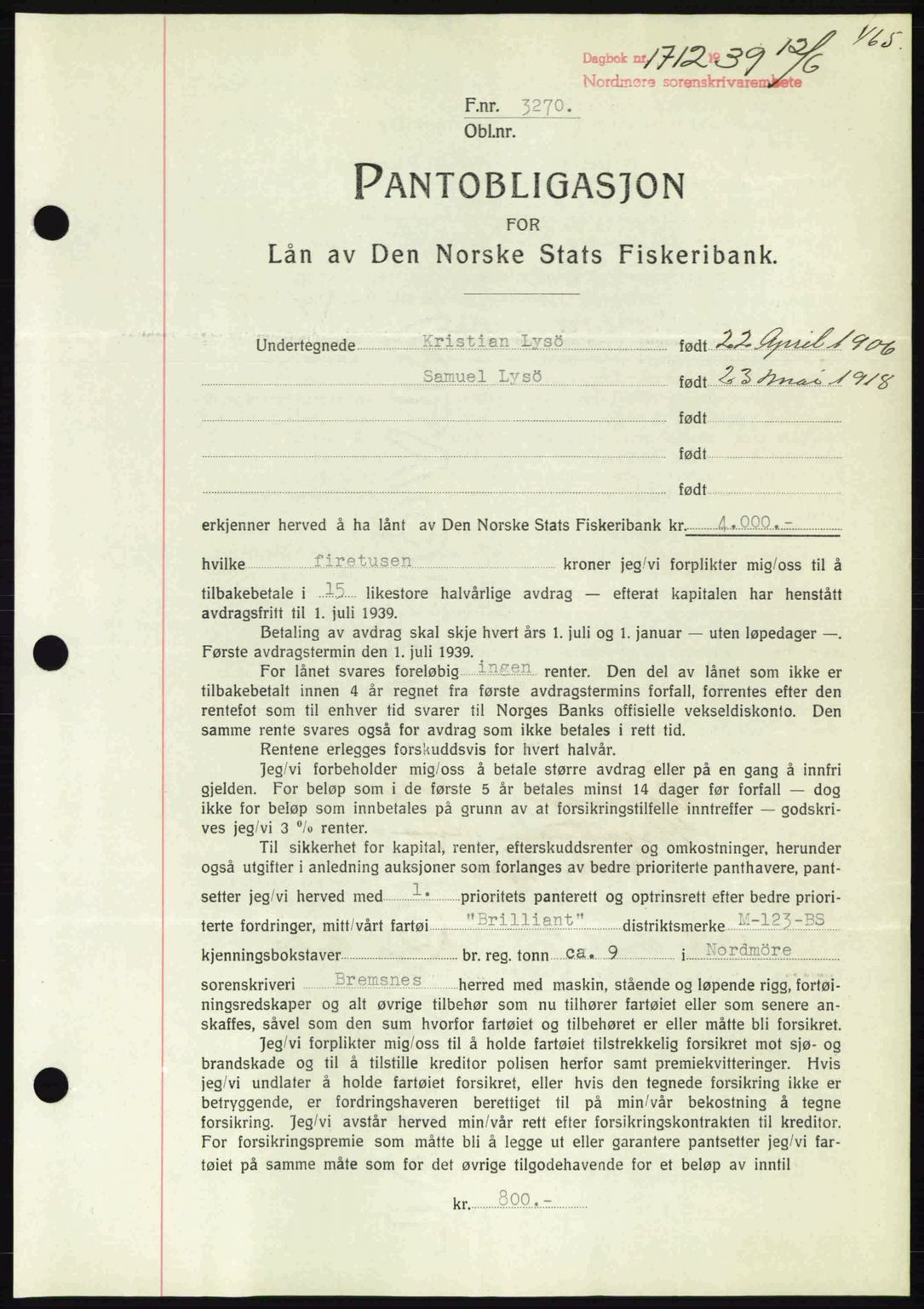 Nordmøre sorenskriveri, AV/SAT-A-4132/1/2/2Ca: Pantebok nr. B85, 1939-1939, Dagboknr: 1712/1939