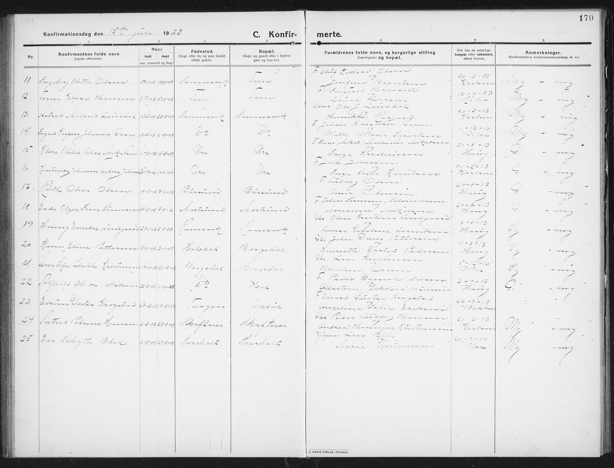 Ministerialprotokoller, klokkerbøker og fødselsregistre - Nordland, AV/SAT-A-1459/882/L1183: Klokkerbok nr. 882C01, 1911-1938, s. 170