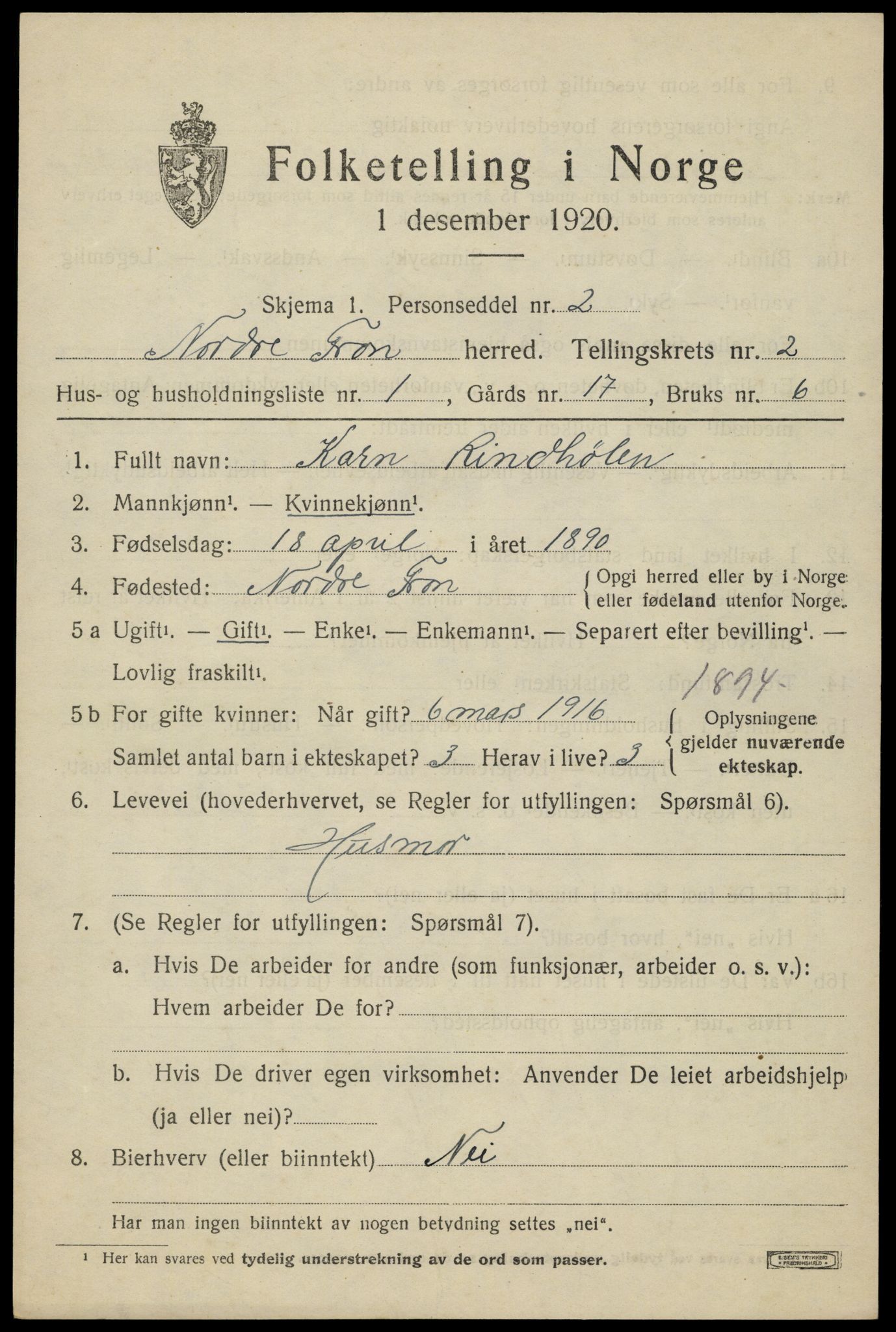 SAH, Folketelling 1920 for 0518 Nord-Fron herred, 1920, s. 2676