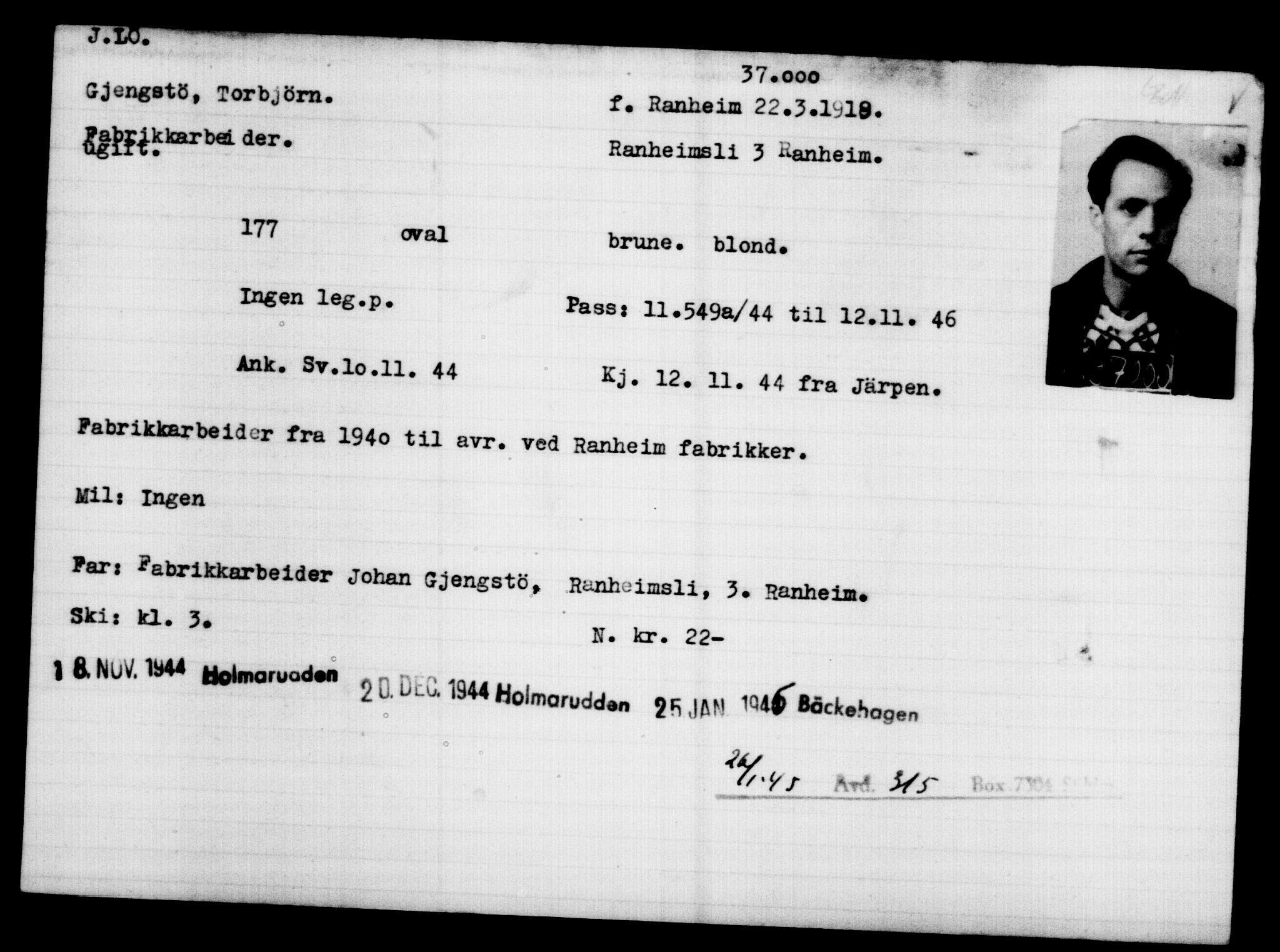 Utenriksstasjonene, Legasjonen i Stockholm, Flyktningkontoret, AV/RA-S-6753/V/Va/L0014: Kjesäterkartoteket, flyktninger med registreringsnr. 34700-37855, 1940-1945, s. 2420