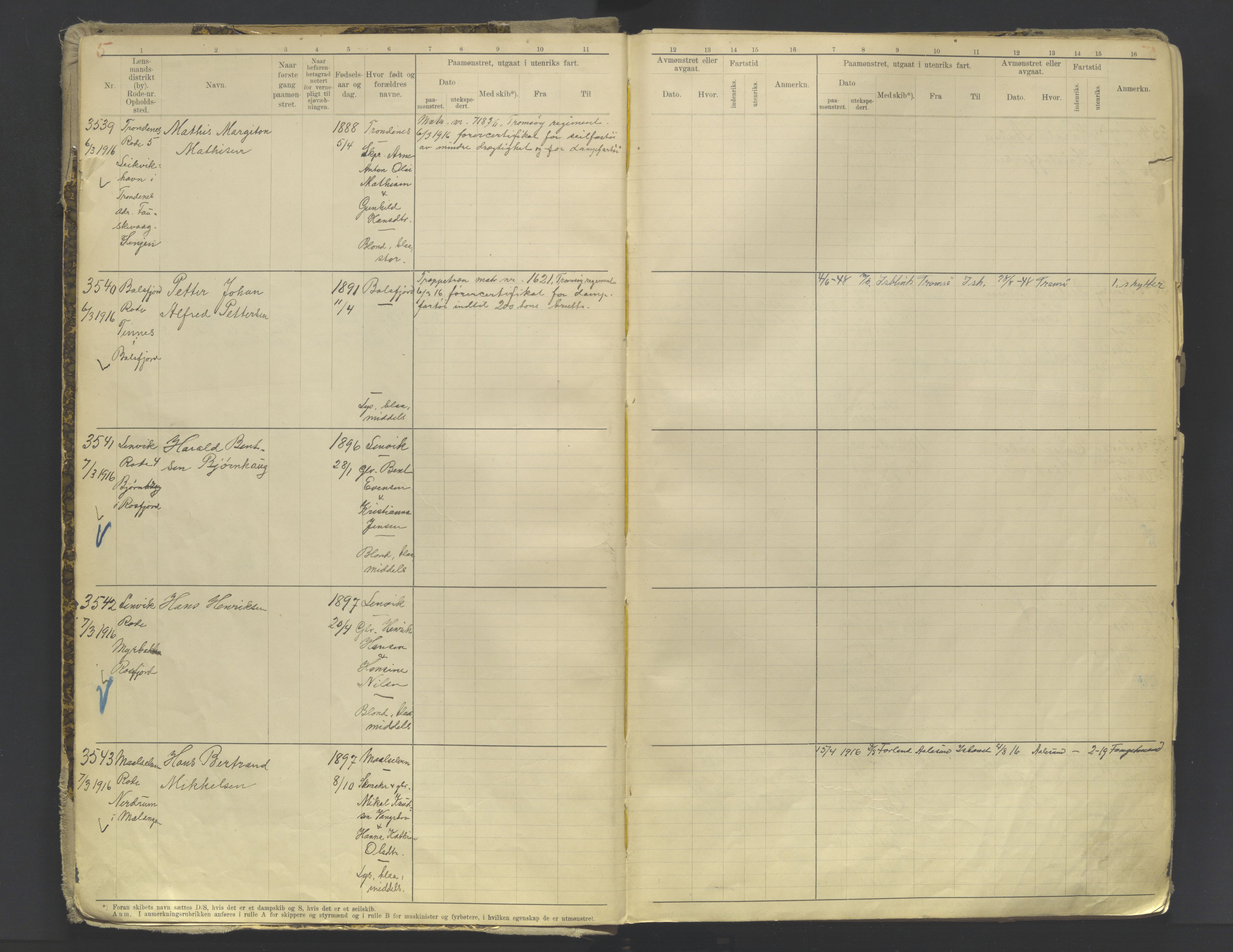 Tromsø sjømannskontor/innrullerings-/mønstringsdistrikt, AV/SATØ-S-0243/F/Fb/L0010: Annotasjonsrulle. Defekt: løs innbinding. Nr. 3519-4972, 1916-1920