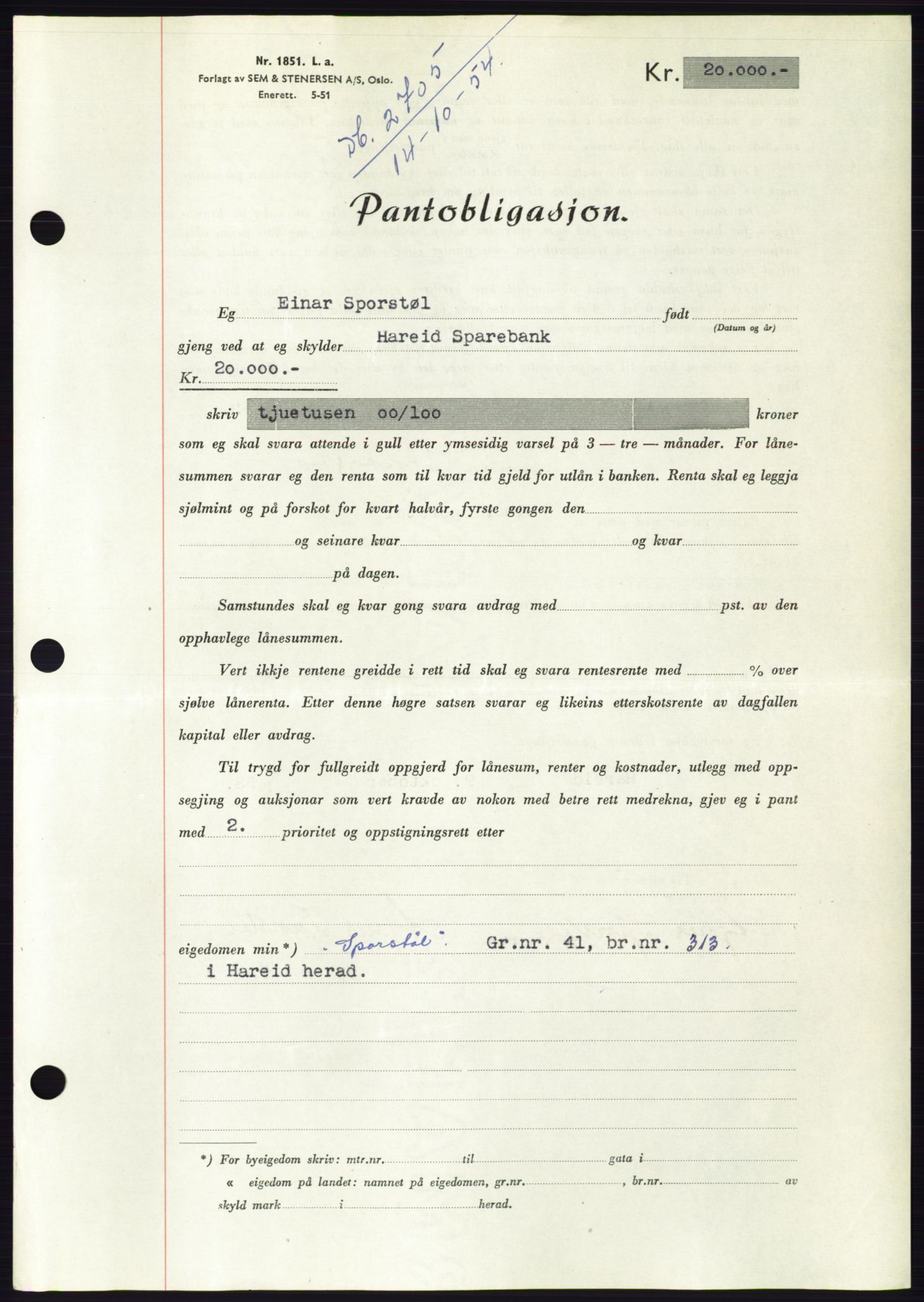 Søre Sunnmøre sorenskriveri, AV/SAT-A-4122/1/2/2C/L0126: Pantebok nr. 14B, 1954-1955, Dagboknr: 2705/1954