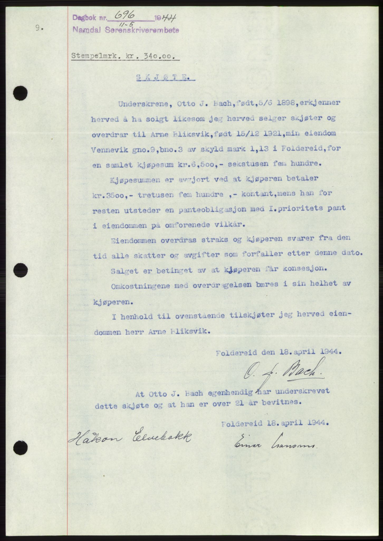 Namdal sorenskriveri, SAT/A-4133/1/2/2C: Pantebok nr. -, 1944-1945, Dagboknr: 696/1944