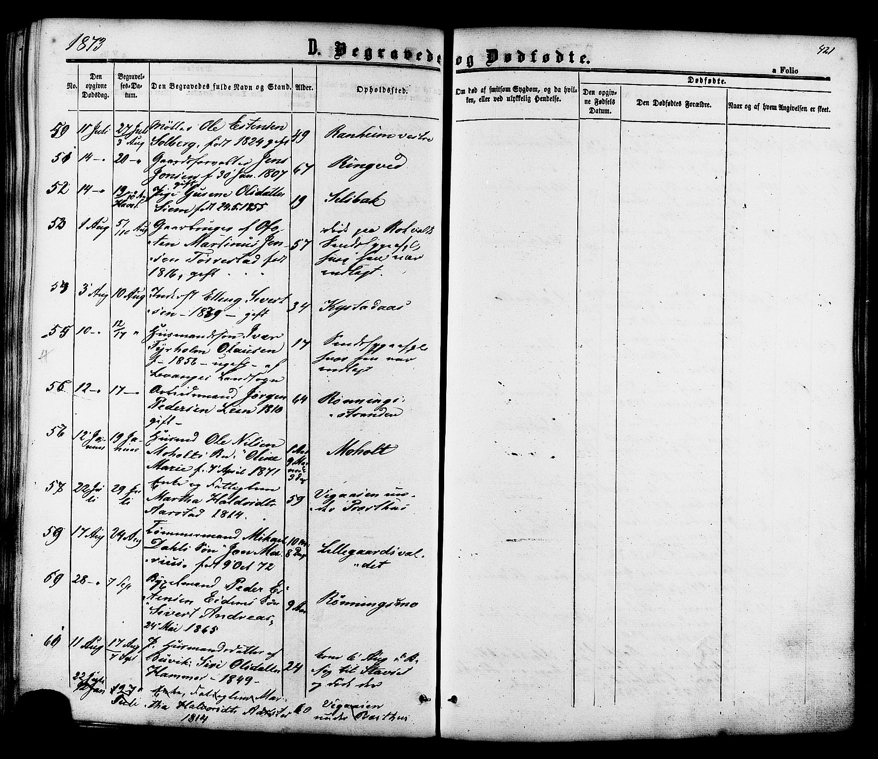Ministerialprotokoller, klokkerbøker og fødselsregistre - Sør-Trøndelag, SAT/A-1456/606/L0293: Ministerialbok nr. 606A08, 1866-1877, s. 421
