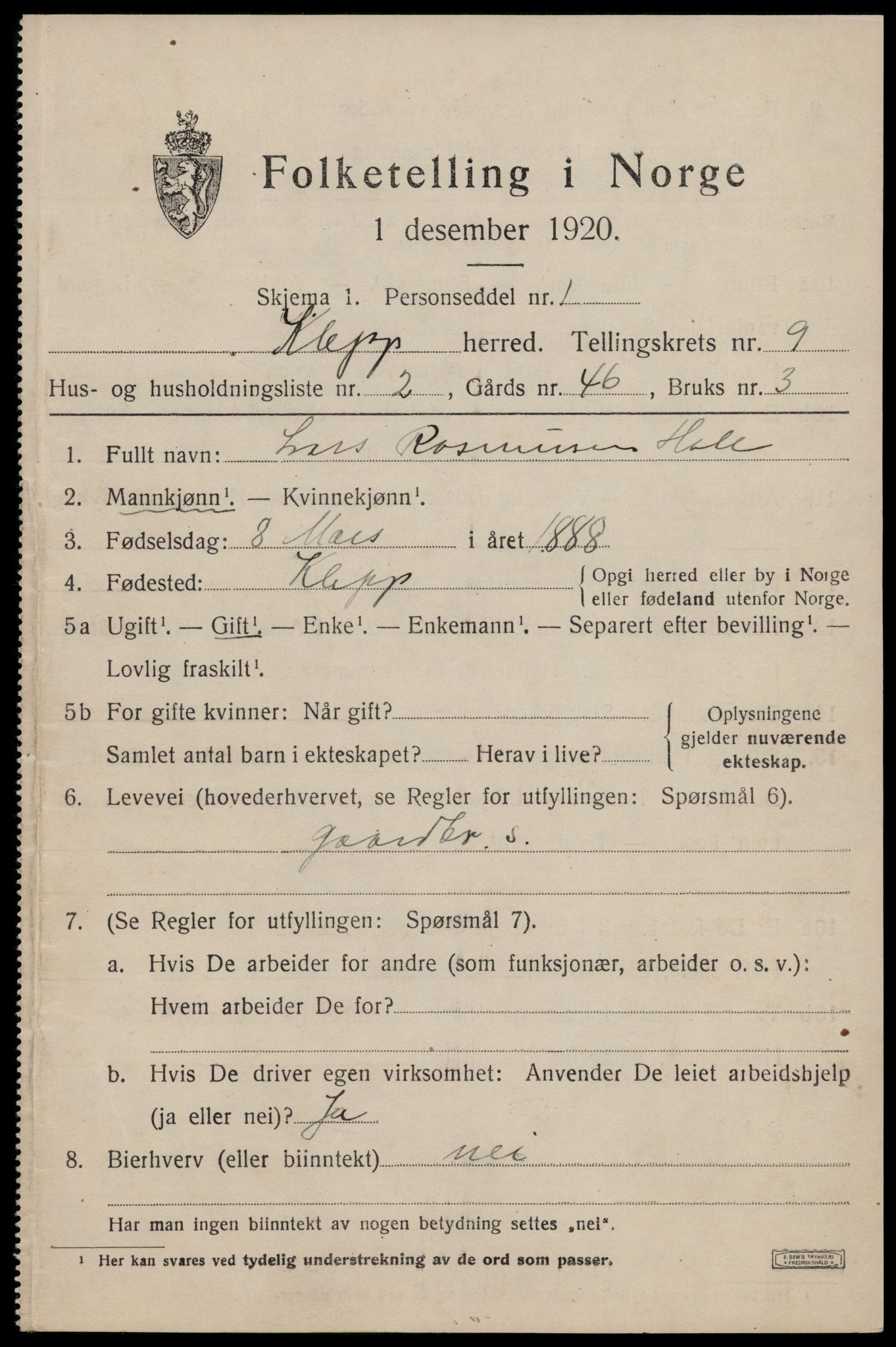 SAST, Folketelling 1920 for 1120 Klepp herred, 1920, s. 7582