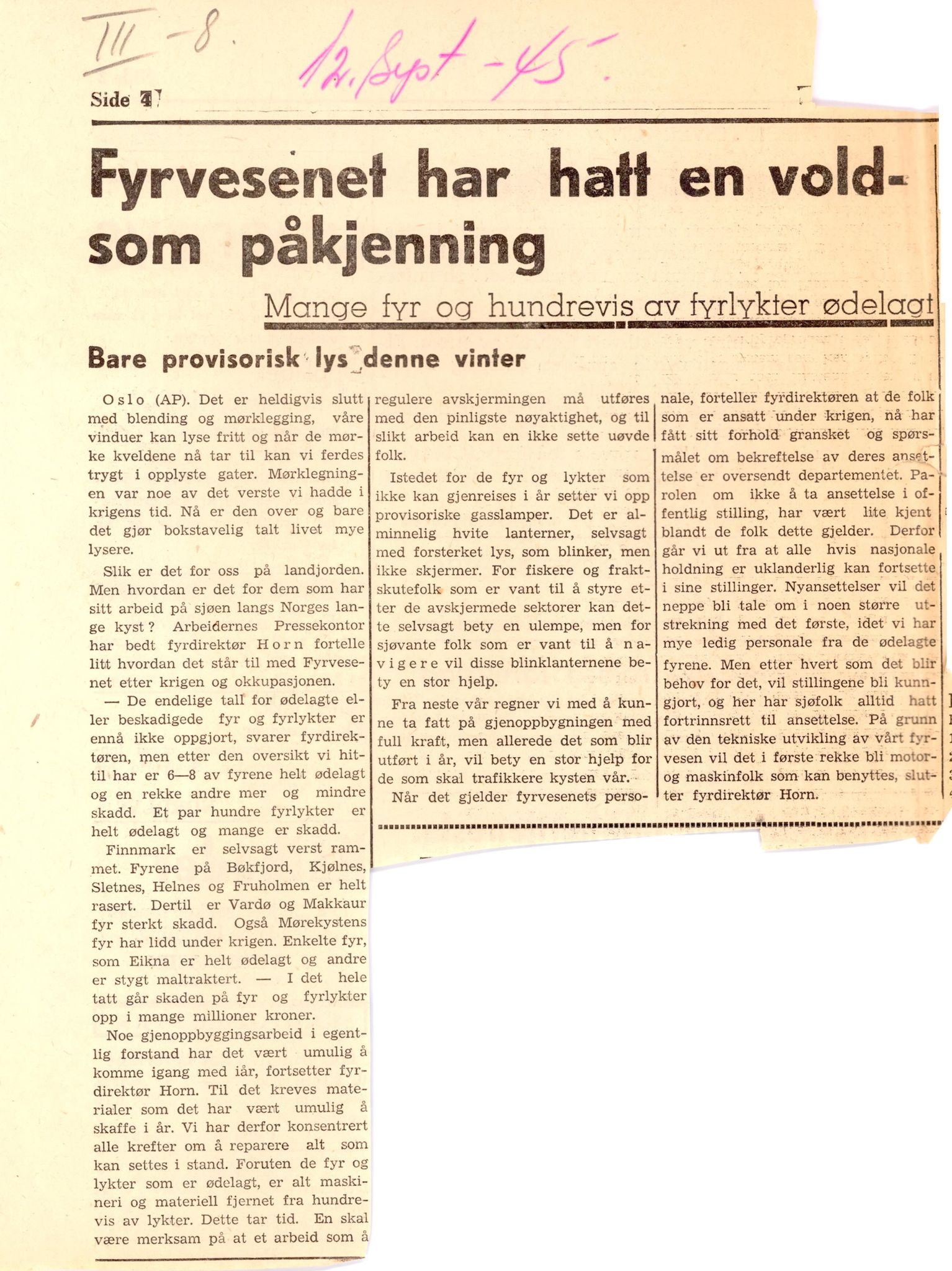Finnmarkskontorets presse- og opplysningsarkiv , FMFB/A-1198/E/L0005/0008: 3. Gjenreinisng / Fyrvesen