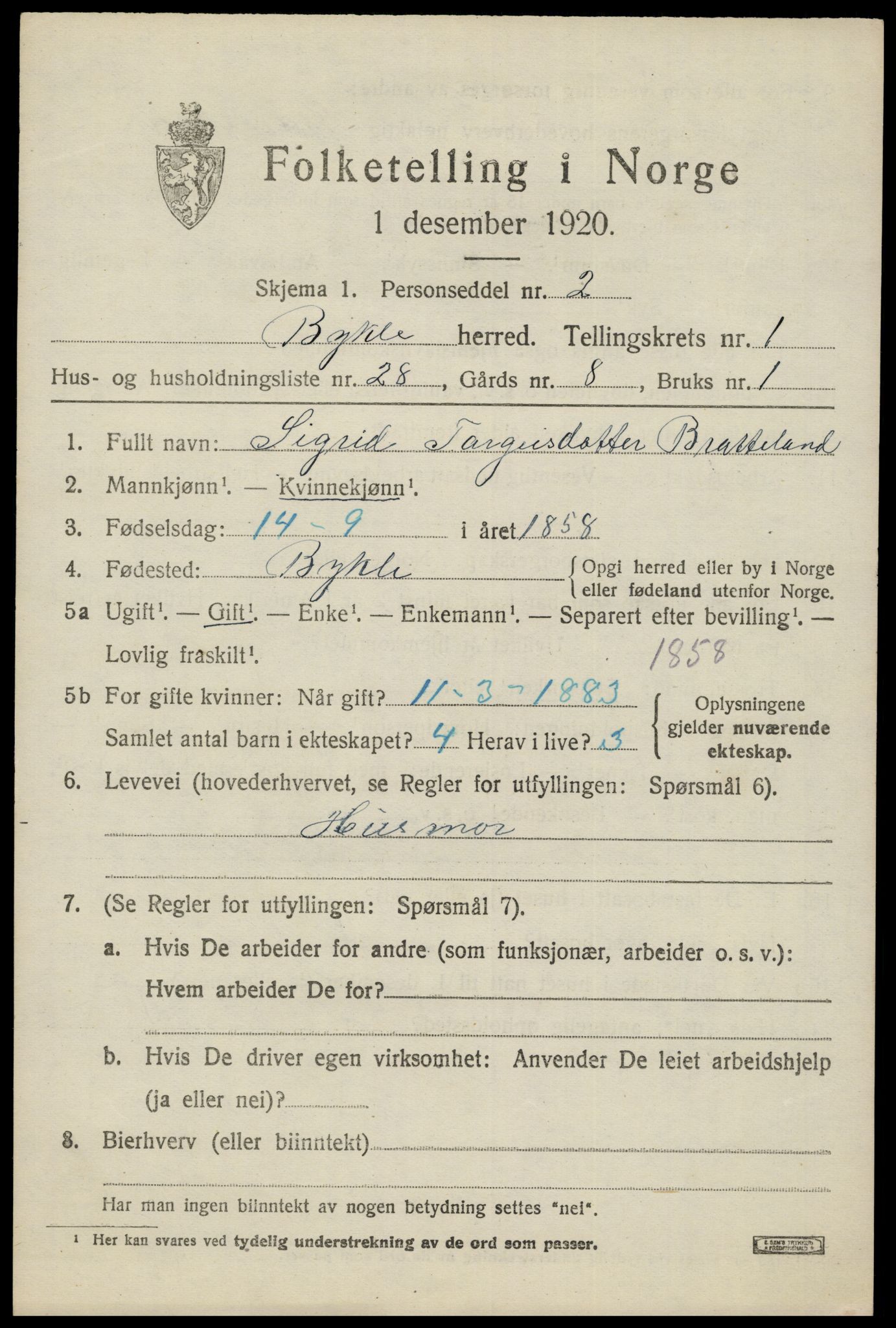 SAK, Folketelling 1920 for 0941 Bykle herred, 1920, s. 561