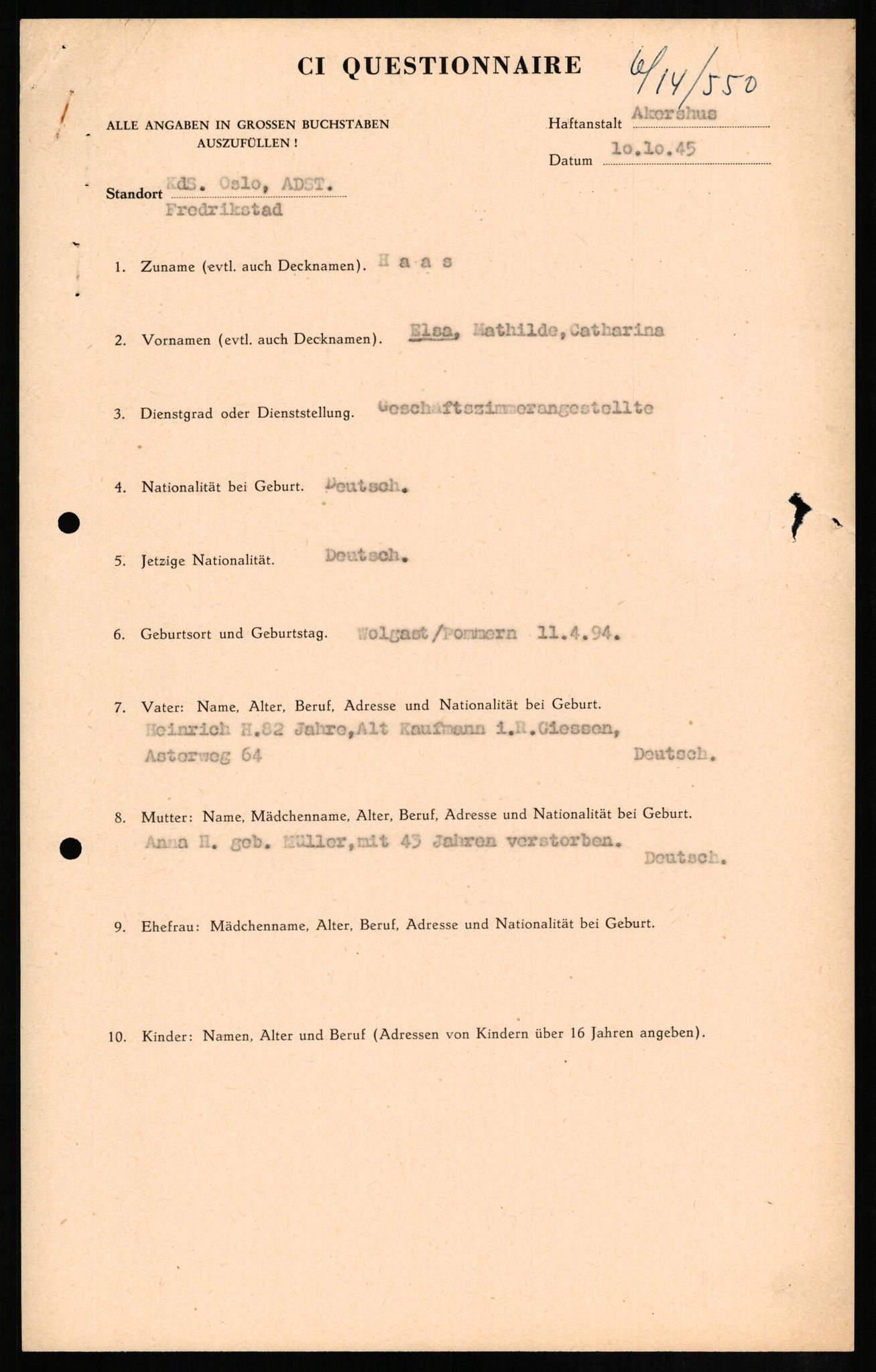 Forsvaret, Forsvarets overkommando II, RA/RAFA-3915/D/Db/L0011: CI Questionaires. Tyske okkupasjonsstyrker i Norge. Tyskere., 1945-1946, s. 89