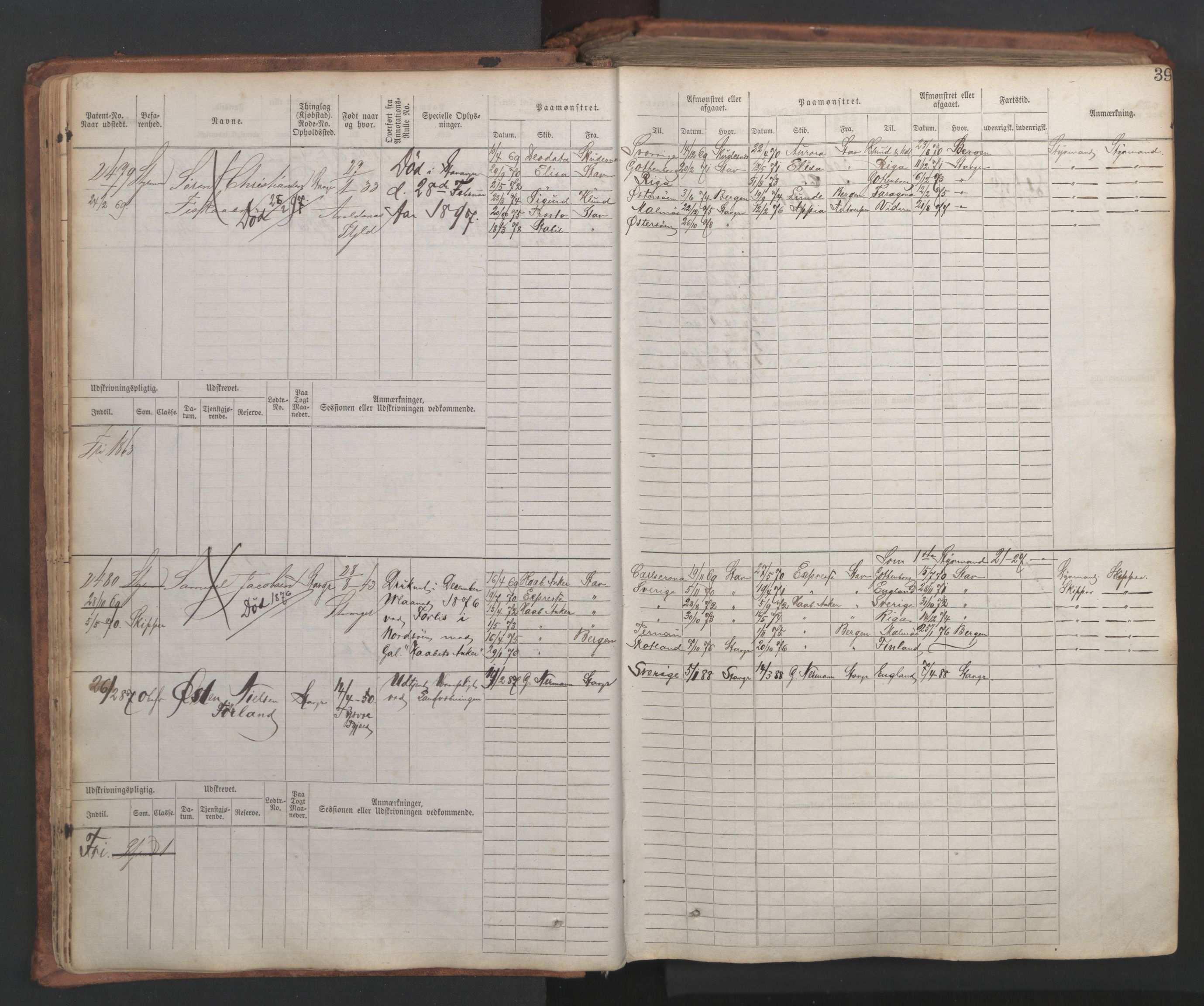 Stavanger sjømannskontor, AV/SAST-A-102006/F/Fb/Fbb/L0007: Sjøfartshovedrulle, patentnr. 2403-3604, 1869-1880, s. 44