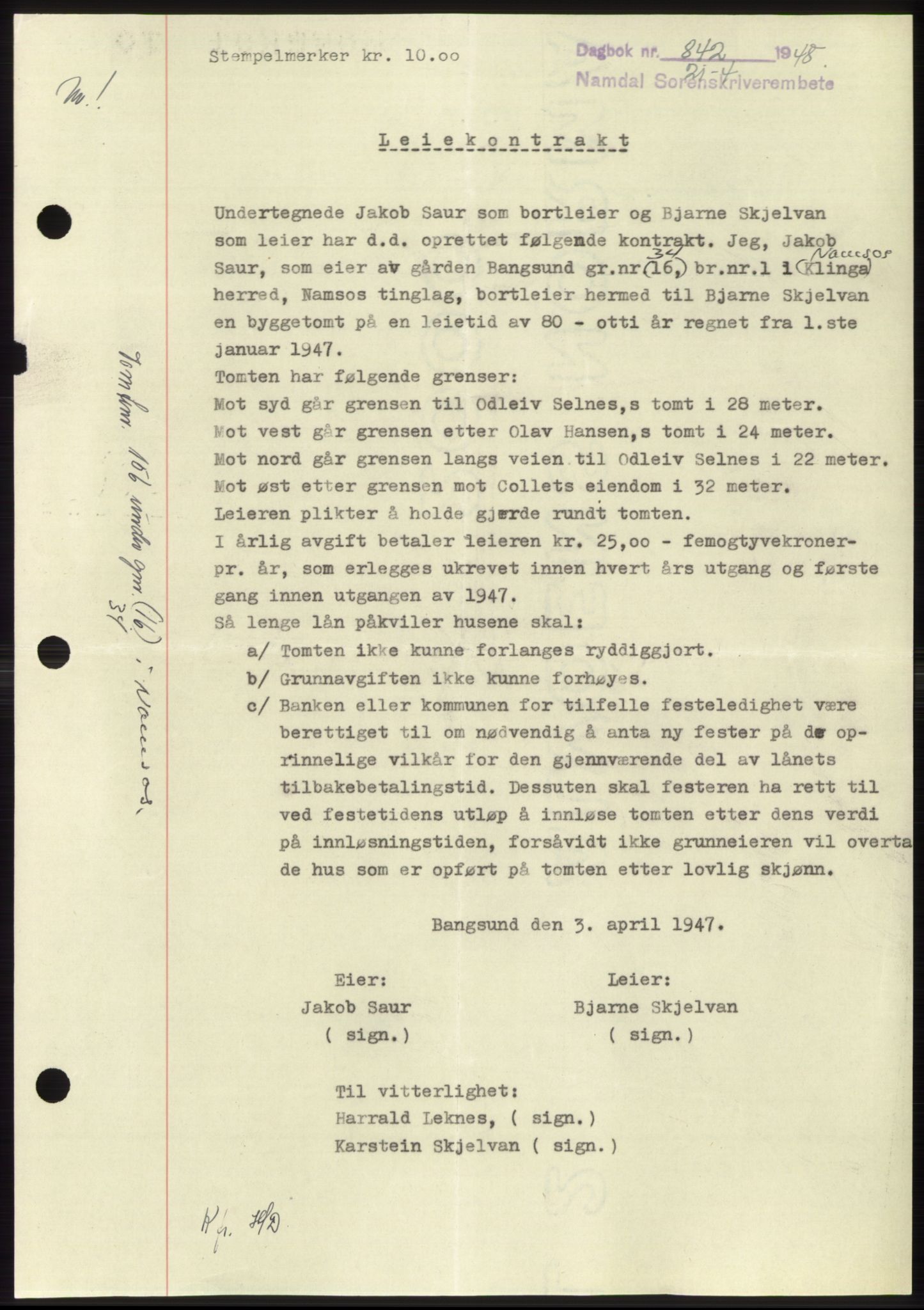 Namdal sorenskriveri, SAT/A-4133/1/2/2C: Pantebok nr. -, 1947-1948, Dagboknr: 842/1948