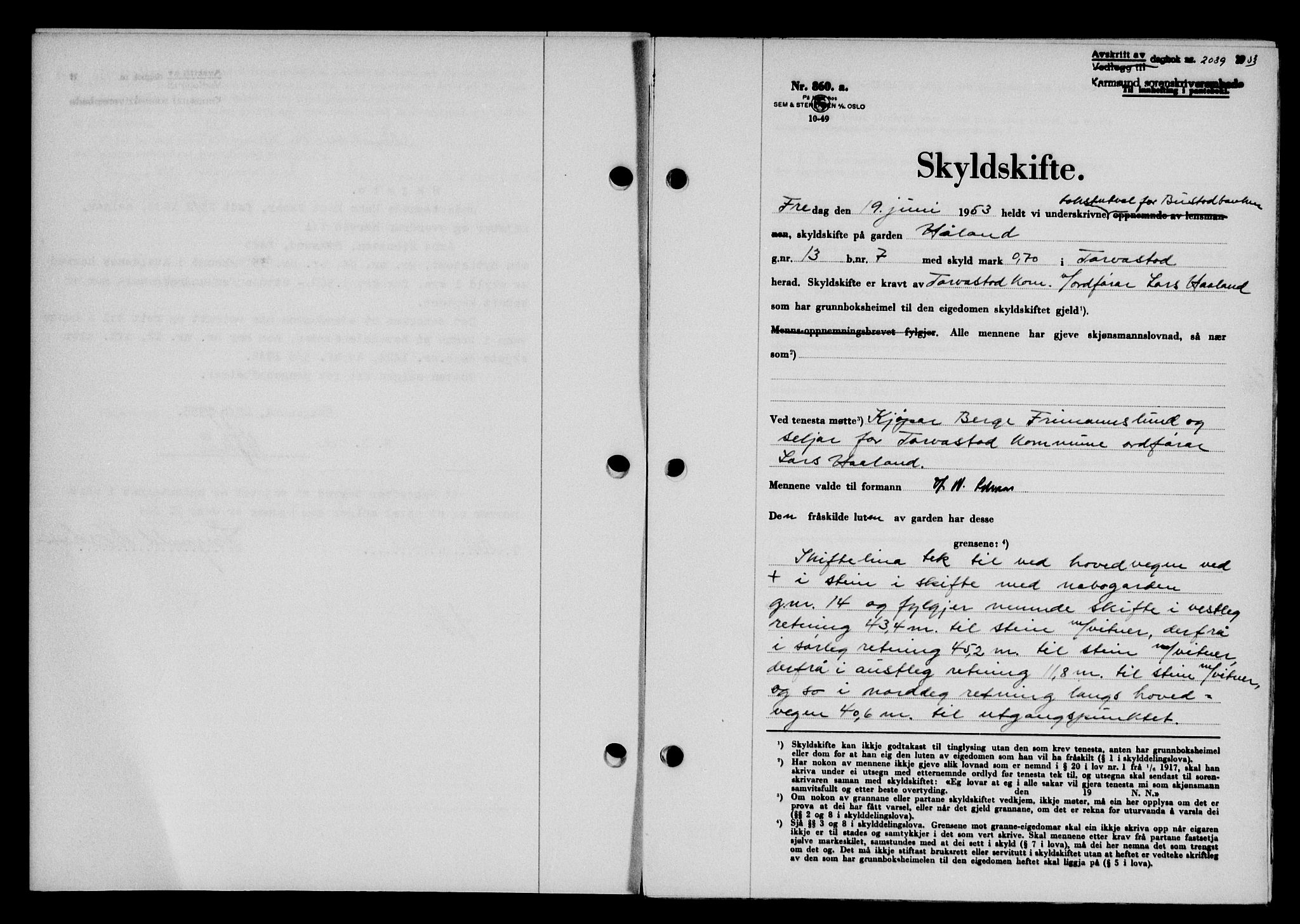 Karmsund sorenskriveri, SAST/A-100311/01/II/IIB/L0109: Pantebok nr. 89A, 1953-1953, Dagboknr: 2039/1953
