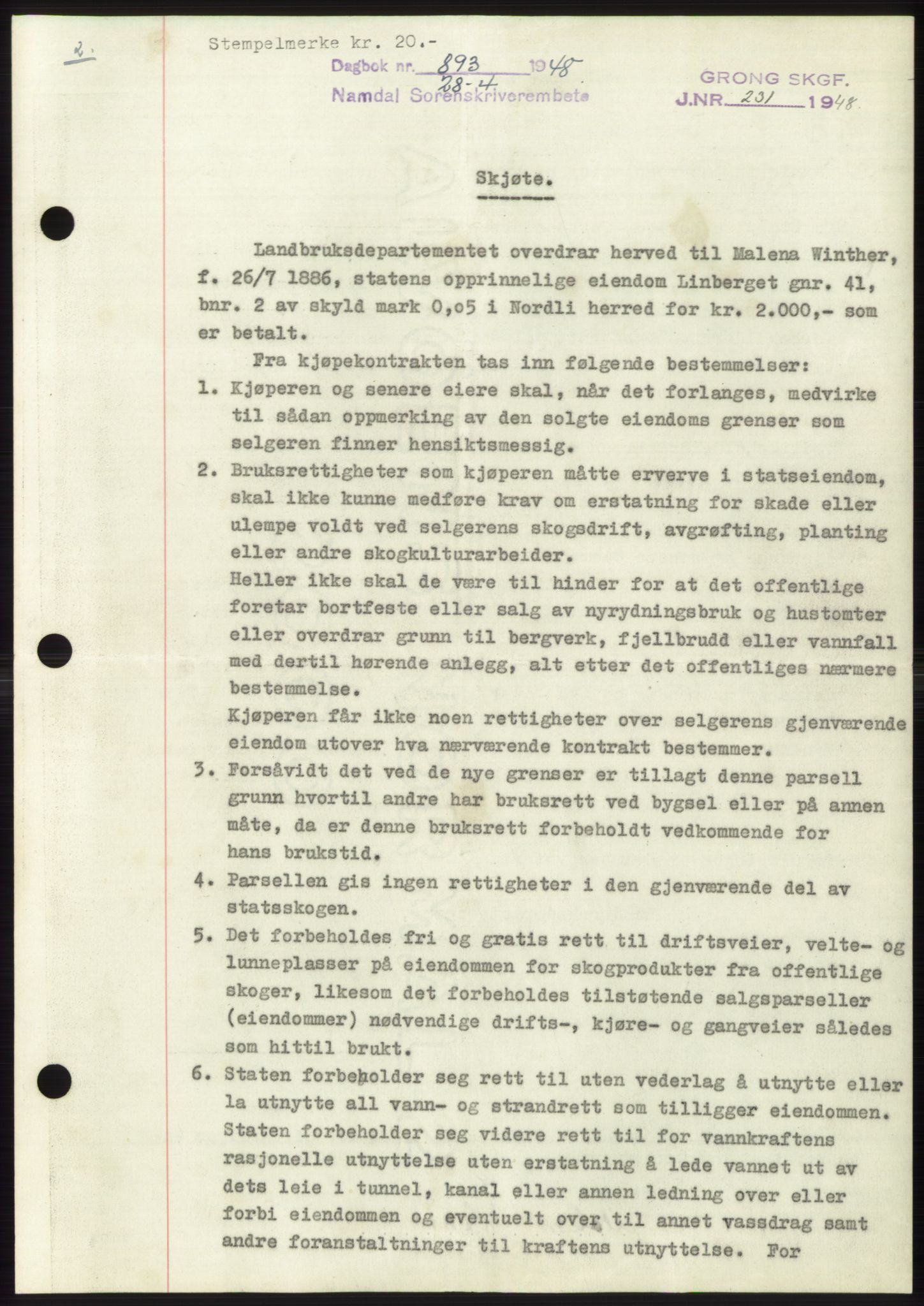 Namdal sorenskriveri, SAT/A-4133/1/2/2C: Pantebok nr. -, 1947-1948, Dagboknr: 893/1948
