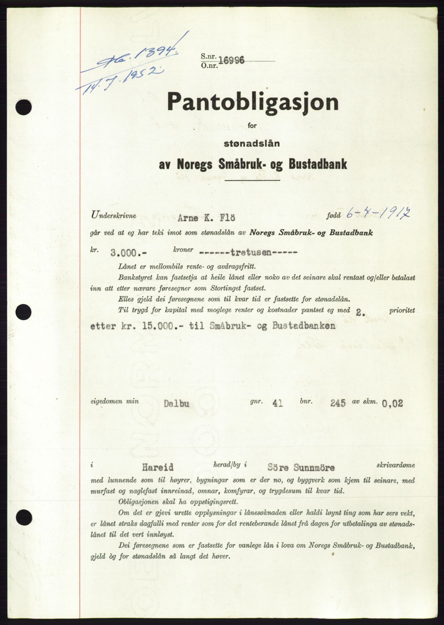 Søre Sunnmøre sorenskriveri, AV/SAT-A-4122/1/2/2C/L0121: Pantebok nr. 9B, 1951-1952, Dagboknr: 1394/1952