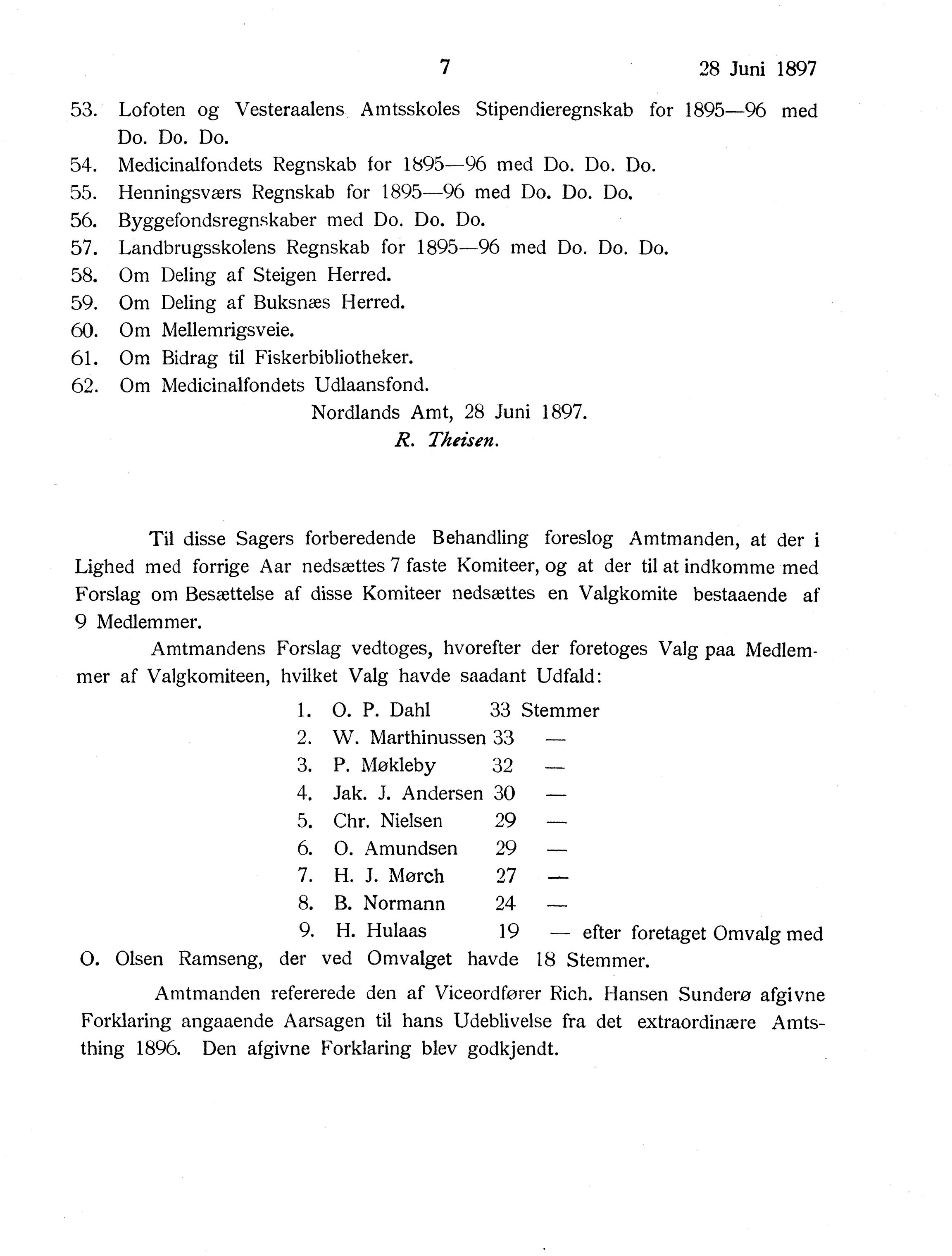 Nordland Fylkeskommune. Fylkestinget, AIN/NFK-17/176/A/Ac/L0020: Fylkestingsforhandlinger 1897, 1897