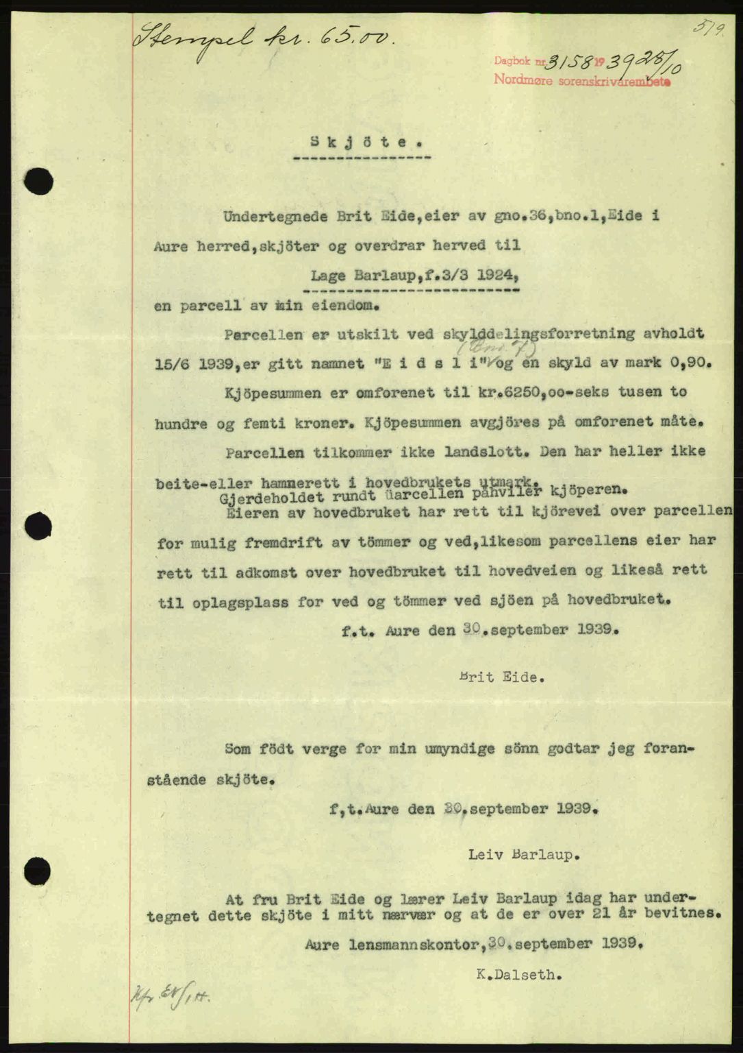 Nordmøre sorenskriveri, SAT/A-4132/1/2/2Ca: Pantebok nr. A87, 1939-1940, Dagboknr: 3158/1939