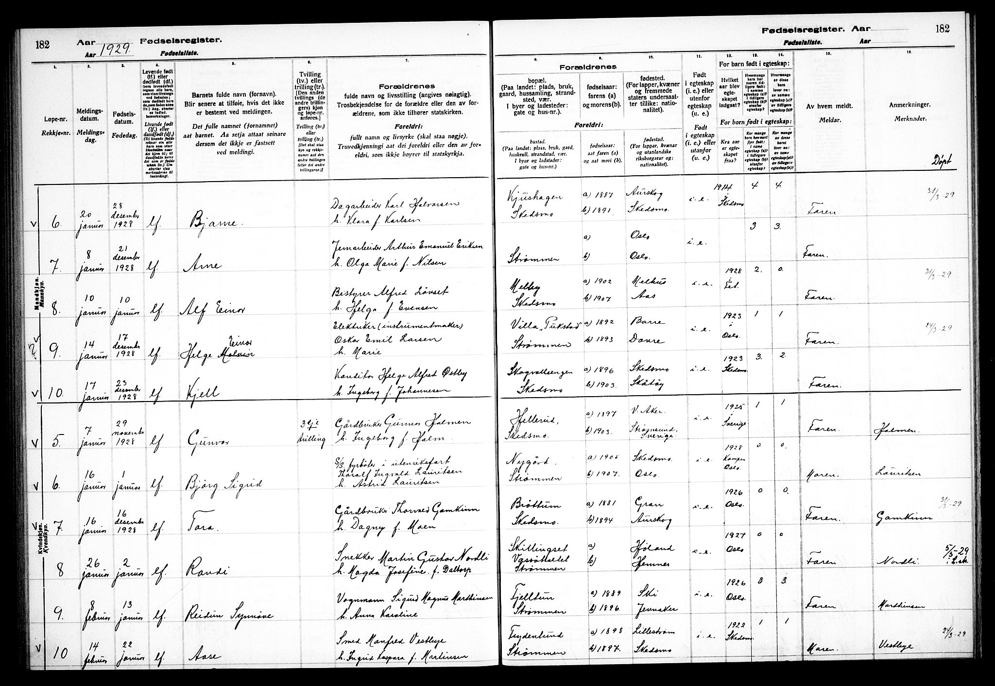 Skedsmo prestekontor Kirkebøker, AV/SAO-A-10033a/J/Ja/L0001: Fødselsregister nr. I 1, 1916-1931, s. 182