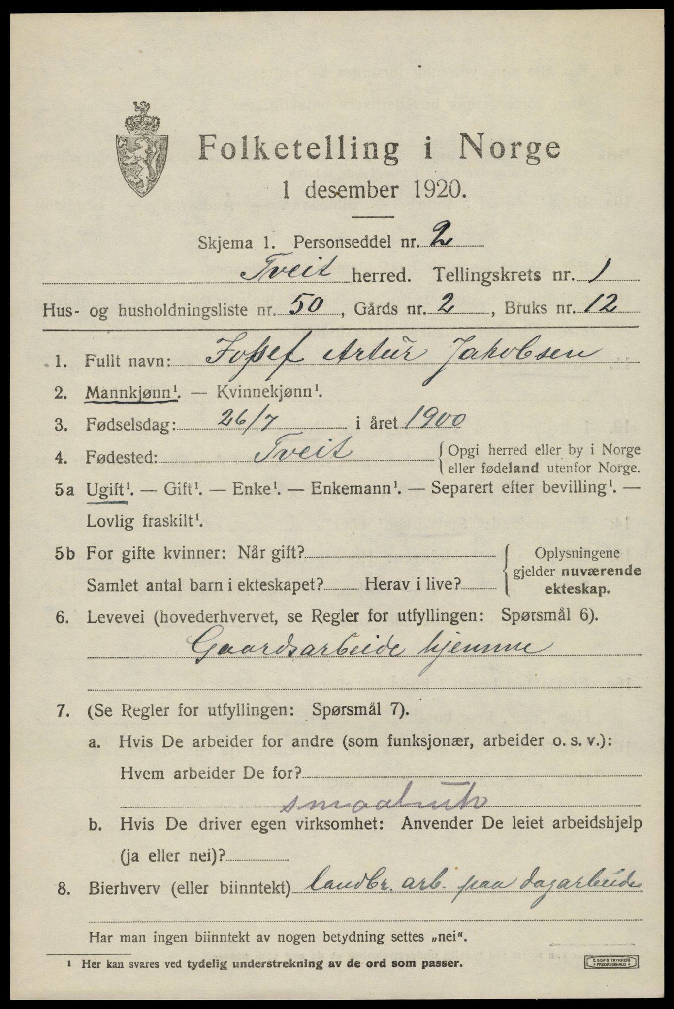 SAK, Folketelling 1920 for 1013 Tveit herred, 1920, s. 1200