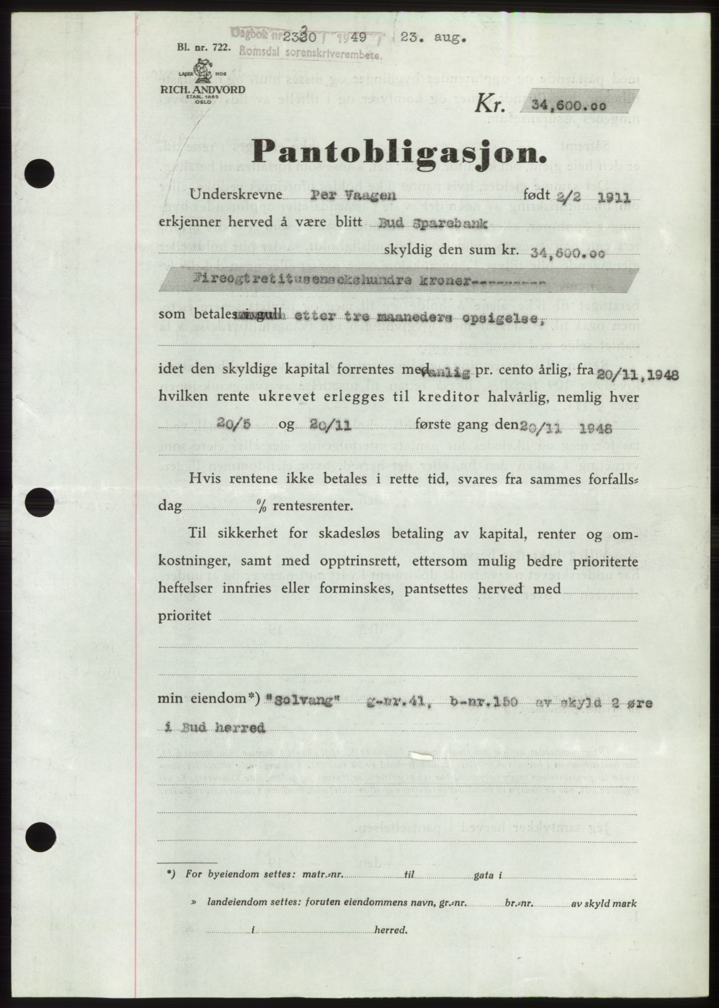 Romsdal sorenskriveri, SAT/A-4149/1/2/2C: Pantebok nr. B4, 1948-1949, Dagboknr: 2330/1949