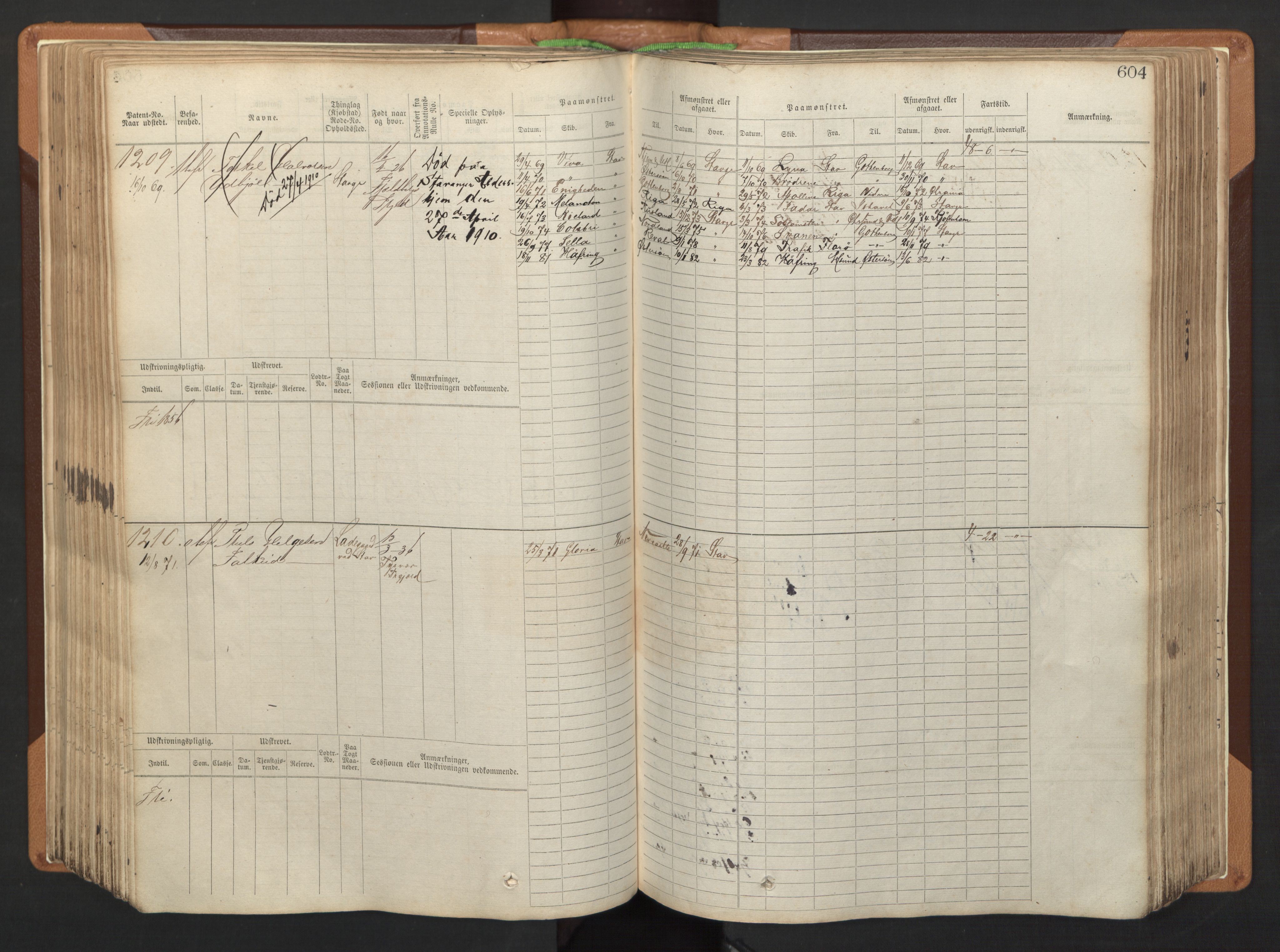 Stavanger sjømannskontor, AV/SAST-A-102006/F/Fb/Fbb/L0005: Sjøfartshovedrulle, patentnr. 793-1606 (del 2), 1869-1880, s. 214