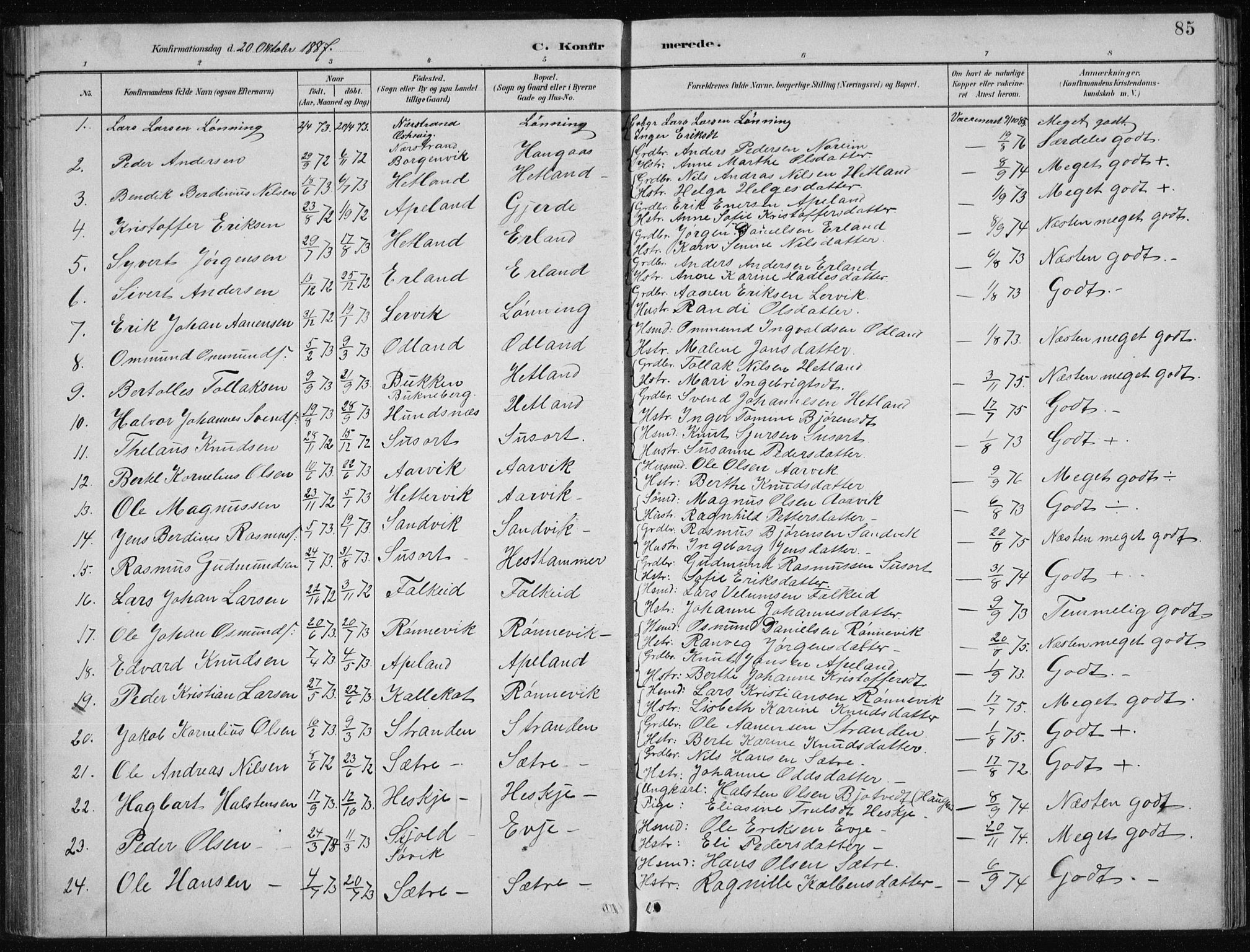 Tysvær sokneprestkontor, AV/SAST-A -101864/H/Ha/Hab/L0004: Klokkerbok nr. B 4, 1883-1896, s. 85