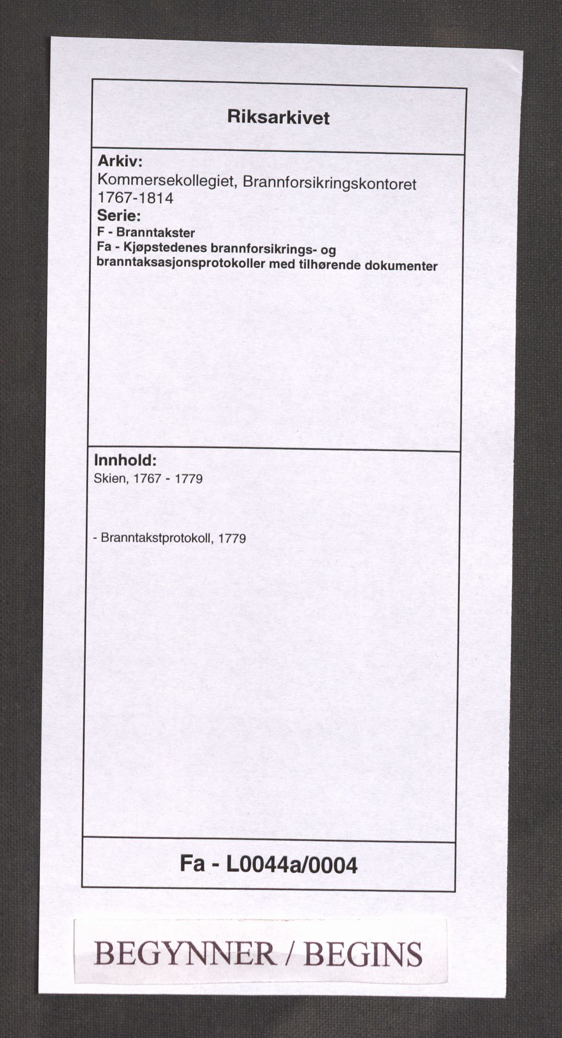 Kommersekollegiet, Brannforsikringskontoret 1767-1814, RA/EA-5458/F/Fa/L0044a/0004: Skien / Branntakstprotokoll, 1779