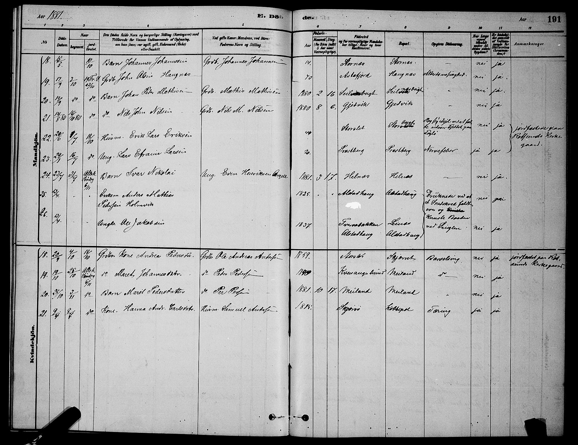 Skjervøy sokneprestkontor, AV/SATØ-S-1300/H/Ha/Hab/L0006klokker: Klokkerbok nr. 6, 1878-1888, s. 191