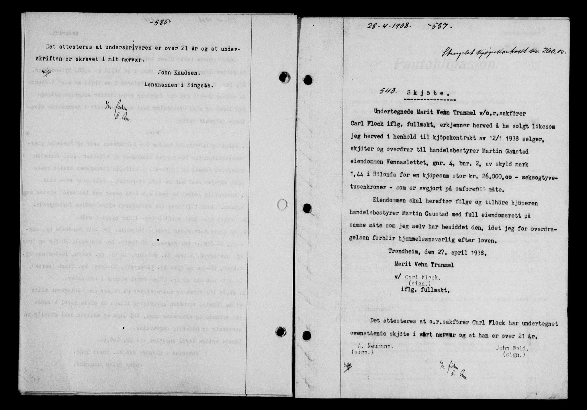Gauldal sorenskriveri, SAT/A-0014/1/2/2C/L0048: Pantebok nr. 51-52, 1937-1938, s. 585, Dagboknr: 543/1938