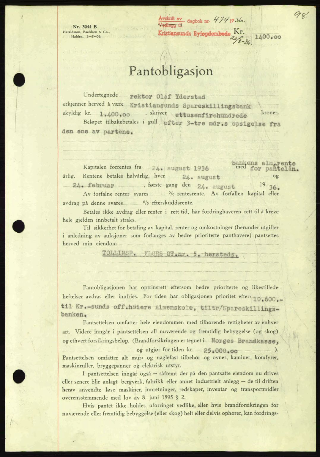 Kristiansund byfogd, AV/SAT-A-4587/A/27: Pantebok nr. 29, 1936-1937, Dagboknr: 474/1936